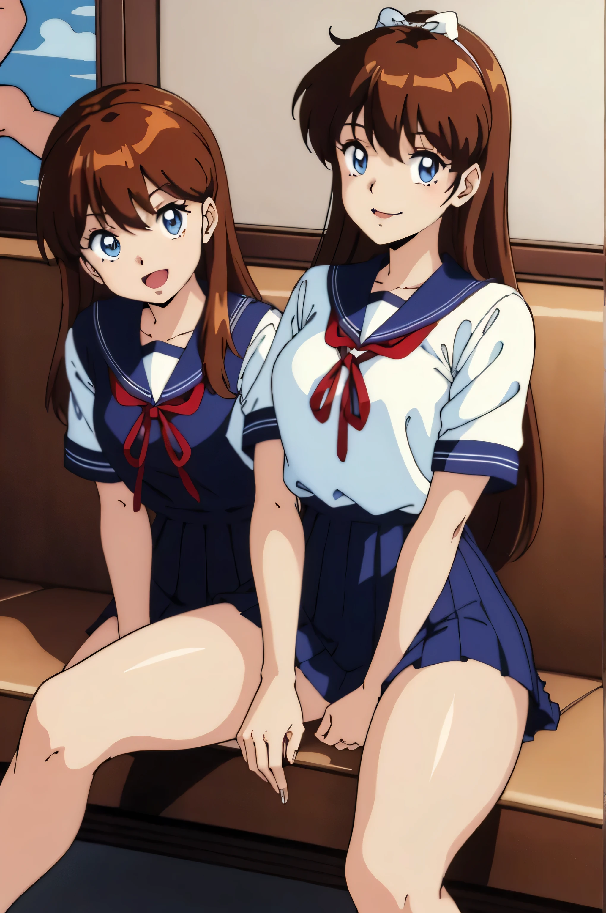 (Anime stuff, Retro art style, Clean brush strokes, Very detailed, Perfect Anatomy, Browsing Caution), Harbor background, (erika, 1 Girl), Eyebrows visible through hair, bangs, Dark brown hair, Long Hair, Katyusha with ribbon, (blue eyes, Beautiful and detailed:1.2), Looking at the audience, Open your mouth (smile:1.5), (Sitting, Spread your legs), (Beautiful body, smooth curve, Perfect figure), (Over the school uniform), (Large Breasts:1.2, A taut shape), (School uniform short skirt), I can see her panties:1.1, 