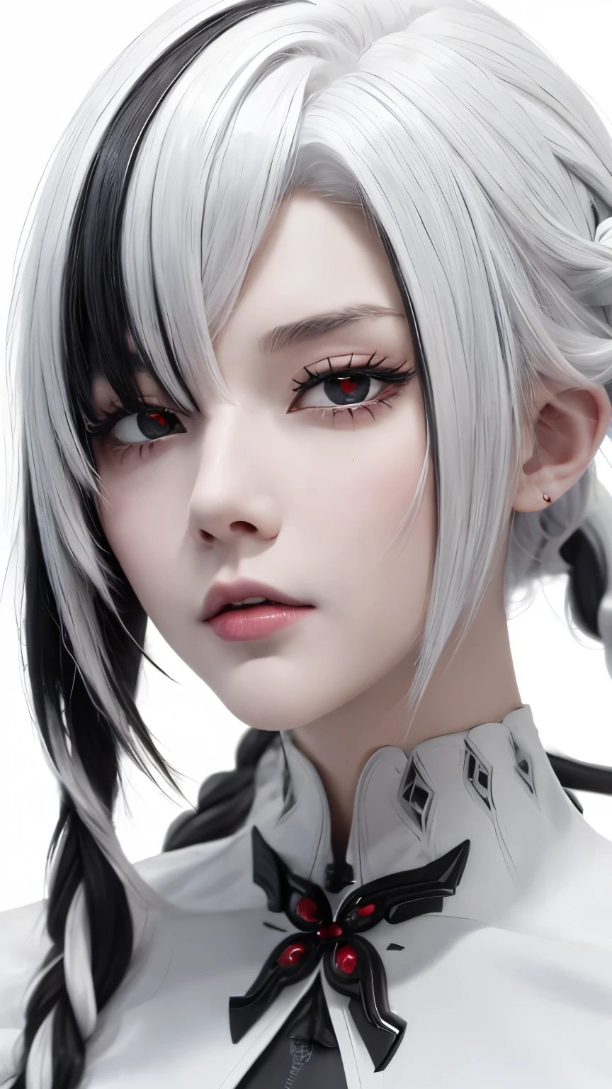 （，4K，high resolution，masterpiece：1.2），Ultra-detailed，Realism，White hair，Black Hair，Colorful Hair，short hair，Straight Hair，White hair long braid，Glowing red eyes，Red X pupil（focus），Huge ，naughty girl，Low collar white collar，Stand on tiptoe，Long legs，major，Portrait，Beautiful and detailed eyes、gaze、Focus、Bright colors、Studio Lighting