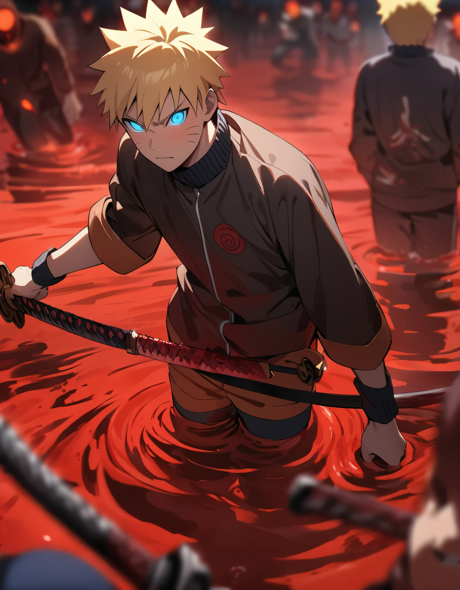 Anime characters in a red water area with swords - SeaArt AI