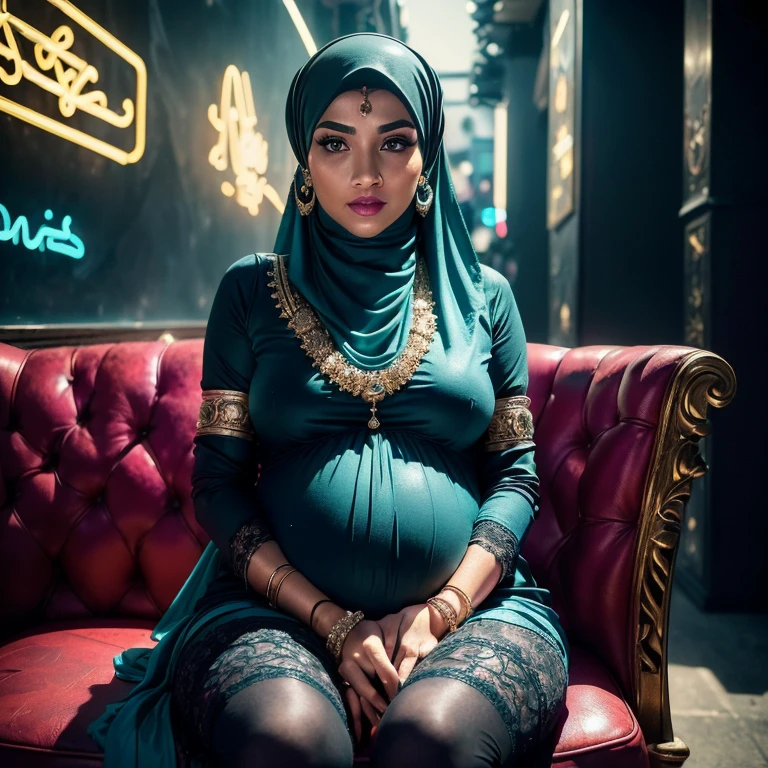 (((Background: masterpiece, high detailed, high quality, empty modern club scene, bar, neon lights))) Two:2 Malaysian girl pregnant 9 month ,malay, The whole body consists of a young girl with hijab, Eye makeup, 55 year old model, Cat ears, Soft lighting, Solo, Wear shabby clothes, Dirty, Tattered futuristic military uniform, Cat's paw badge, Pose, spot color, rendering by octane, Ultra-realistic intricate details, Cinematic, 8K resolution, 70mm, emphasis lightings, (((2 girls:1.5, pregnant Gorgeous artsy women holding teddy bear sitting down in chairs))) Setting background: Basquiat graffiti wall background,Graffiti artist, urban walls, spray paint cans, bold colors, rebellious strokes, street gallery, artistic , night shadows, public expression, aerosol mastery, layered stencils, cultural messages, graffiti tags, creative risks, vibrant visuals, underground recognition, impactful designs, urban transformation. Art by Mschiffer, (((Woman with hijab style, hijab with sexy dress)), (lace stockings), (((Wearing: diamond necklace and earrings))). RAW photo, full sharp, detailed face (high detailed skin:1.2), 8k uhd, dslr, soft lighting, high quality, film grain, Fujifilm XT3, (extremely beautiful face, sexy lips, beautiful red lips, Clear eyes, beautiful eyes), (big green eyes), pretty girl, face forward, intricate detail face, ((ultra detailed skin)) (skin texture, film grain), Detailed beautiful face, natural tpose, natural facial expression, (((Straight breasts))), Surreal full-body figure, Beautiful and delicate body and face, gorgeous figure, ssmile, Titillating，Surreal full-body figure，Beautiful and detailed body and face, Super vista, White skin of the, vivd colour,🔥8k, masterpiece, RAW photo, best quality, (18k detail:1.2), photorealistic, extremely, deep shadow, earrings, bracelets, necklace,