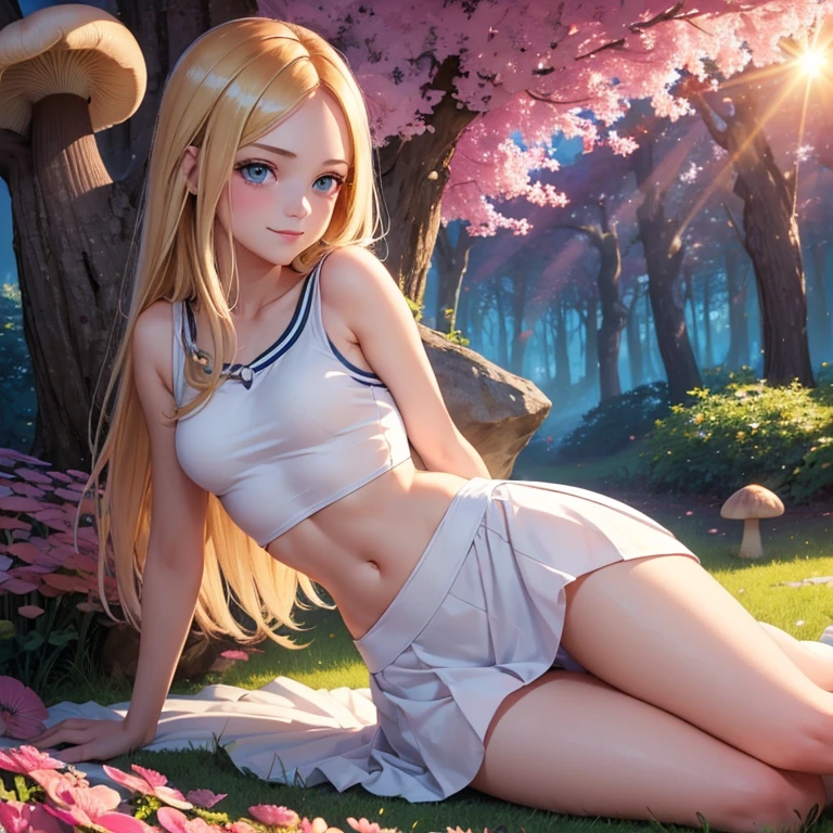 (masterpiece, best quality:1.4), (8K), Young blonde beauty, (((18 years old, neat girl))), detailed blue eyes, long eyelashes, blush, kind smile, upper body, sailor uniform top, crop top, small ass, slender thin legs, pink skirt, (looking at viewer), beautiful blonde hair, white-skinned, long hair, bangs, (medium size breasts), (mushroom forest, celestial forest, beautiful and magnificent pink sunshine, majestic sky), colorful natural light)