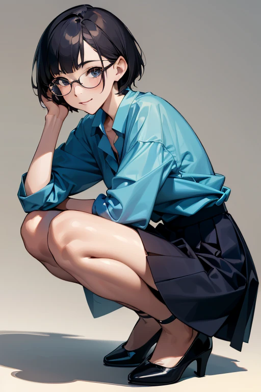 (NSFW:1.0), 
(best quality,8k,high resolution,masterpiece),  (ultra-detailed,realistic), 

((whole body)), ((squat)), 

(A Japanese woman, 30 years old and 155cm tall.), 

(she has short hair style), 
(she wears glasses with black cell-frame frames), 
(she is wearing a light blue shirt), (Neat and elegant collared light blue shirt), 　 
(she is wearing a navy blue skirt), 
((she is wearing ankle strap pumps)), 

(Generate detailed images, especially of the eyes), (She looks at me with kind and caring eyes.),  

(She has a pure and peaceful atmosphere. Her gentle smile is very impressive.), 
