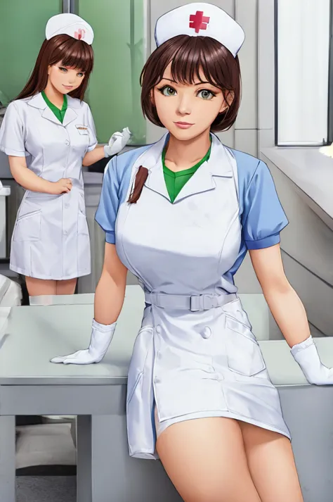 nurse uniform,hospital, latex nurse suit,nurses,busty,elbow gloves,labcoat,dark green hair woman,white eyes , gigantic ,medical ...