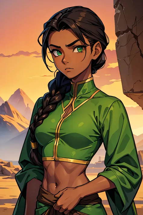 earthbender human woman with tanned skin. she is a 16-year-old teenager with green eyes and green clothing. her hair is brown in...