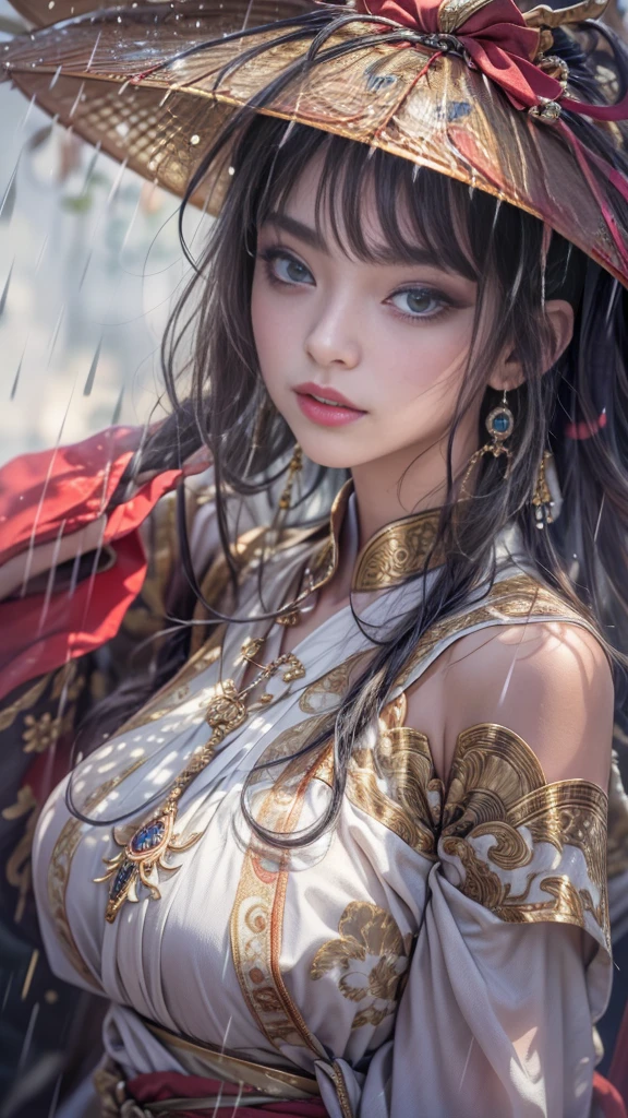 (Mysterious:1.3, 16K, highest quality, masterpiece, Ultra-high resolution), ((rain, From below)), Perfect dynamic composition:1.2, Highly detailed skin and facial textures:1.2,Professional camera work, Mysterious Portraits, Cinematic Light, Ultra-detailed, (Ride the Dragon:1.0, With a long cane), (Fantastic, tradition, Majestic), A slim goddess in the rain, Incredibly slim body, Fair skin, Sexy beauty, Very beautiful face, Totally captivates you, (Japanese Shrine Maiden Costume:1.0), (Shapely breasts, Chest gap), (Cowboy Shot, Calm pose), (Big eyes that exude beautiful eroticism, Lips that exude beautiful eroticism), , necklace, Earrings, bracelet, Great background