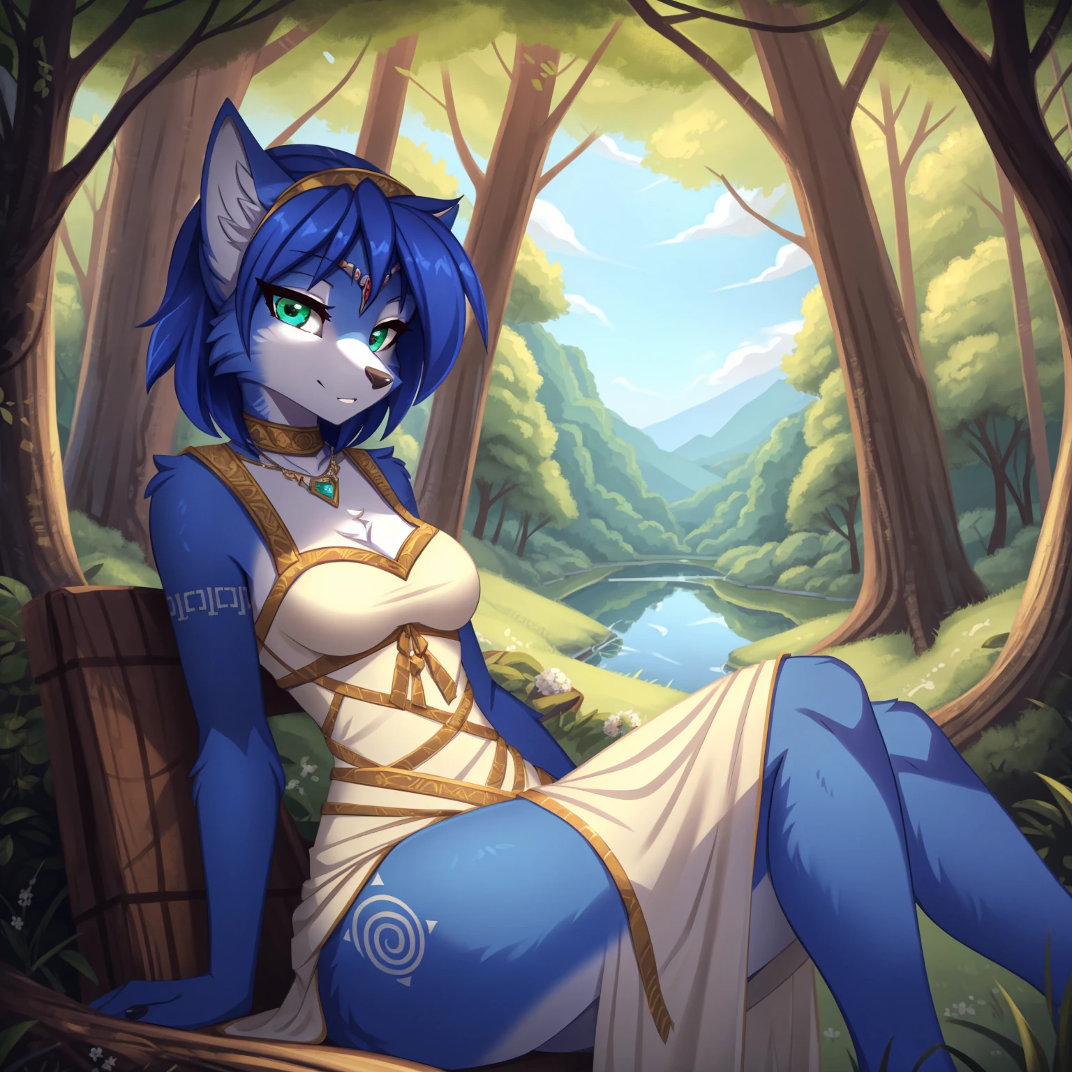 By zinfyuu on pixiv,by twistedscarlet60, uploaded on pixiv, by fluff-kevlar, (masterpiece), (best quality), (anthro furry:1.3, snout:1.2, anthro:1.3, furry:1.2, solo female:1.2), (extremely detailed:1.3), (green_detailed_eye), absol, wearing white dress, sfw, forest, sitting, lake, nature beauty, view on viewer, krystal