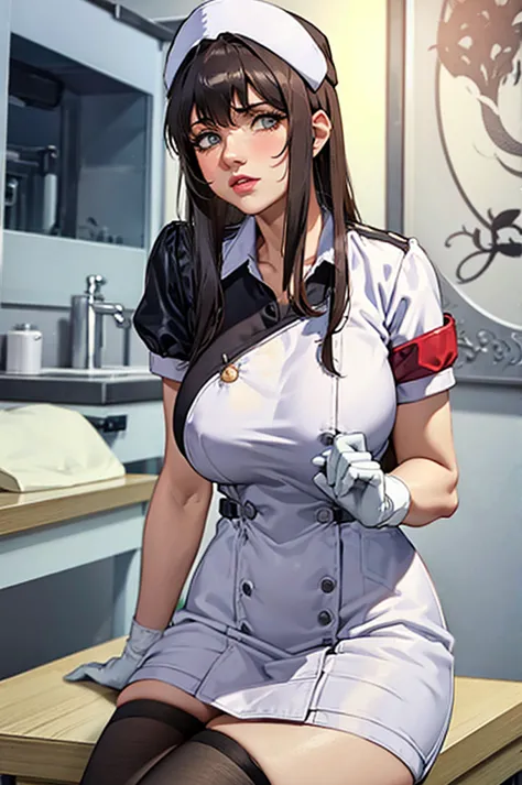 nurse uniform,hospital, latex nurse suit,nurses,busty,elbow gloves,labcoat,dark green hair woman,white eyes , gigantic ,medical ...