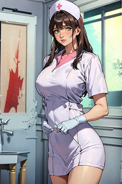 nurse uniform,hospital, latex nurse suit,nurses,busty,elbow gloves,labcoat,dark green hair woman,white eyes , gigantic ,medical ...