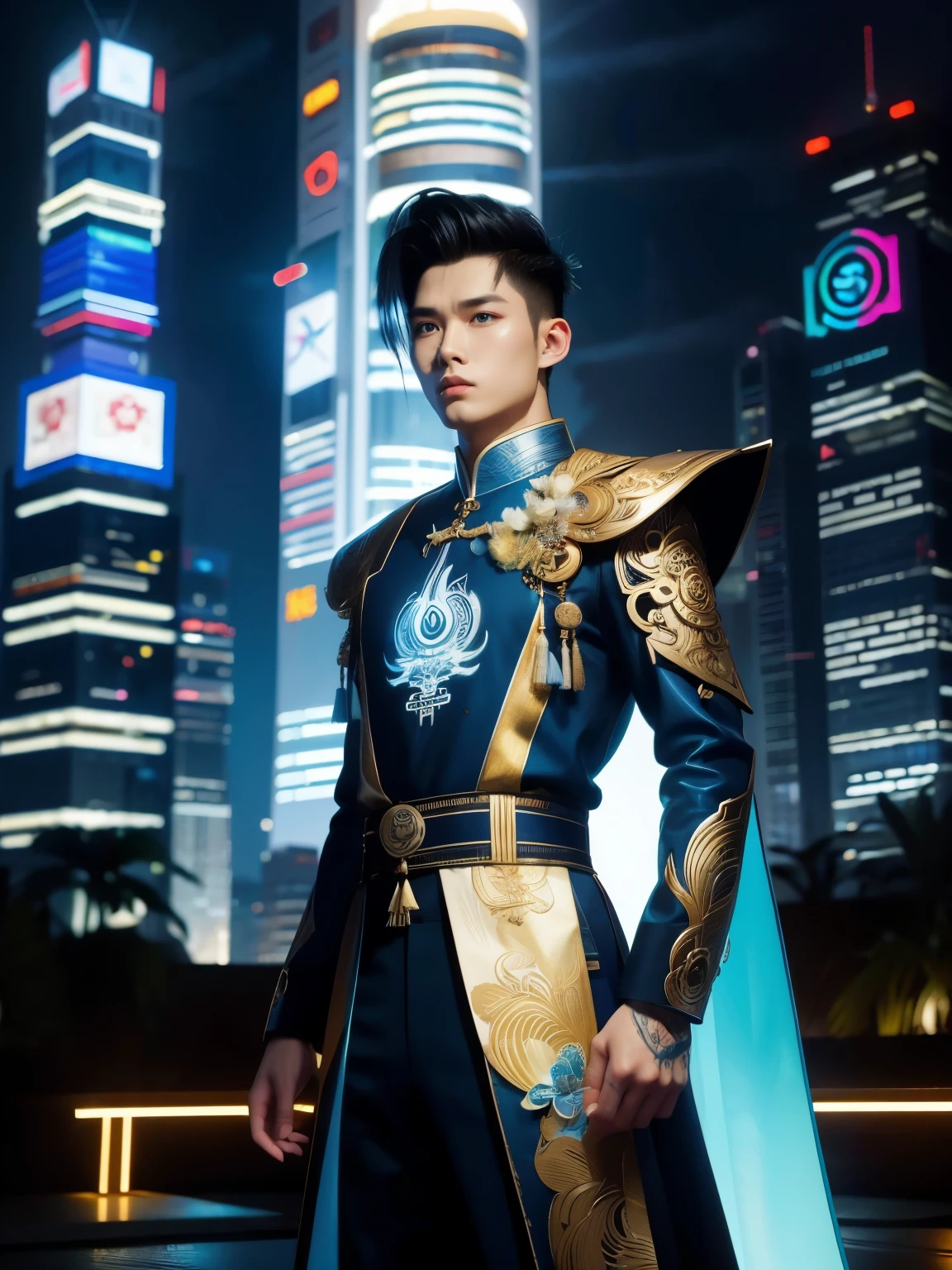 (high quality), (masterpiece), (detailed), 8K, Hyper-realistic illustration depicts (Japanese boy1.3) with striking (vibrant blue eyes1.2) and (jet-black hair1.2) styled in a trendy (undercut1.2), dressed in a fusion of (traditional Vietnamese ao dai1.2) and (futuristic armor1.2) adorned with (intricate dragon motifs1.2) and (glowing LED accents1.2). He stands in a (modern Ho Chi Minh cityscape1.2) with (neon-lit skyscrapers1.2) and (holographic advertisements1.2) surrounding him, exuding a sense of (cutting-edge technology1.2) and (cultural fusion1.2). In the style of Nguyen Thanh Phong, trending on Behance.