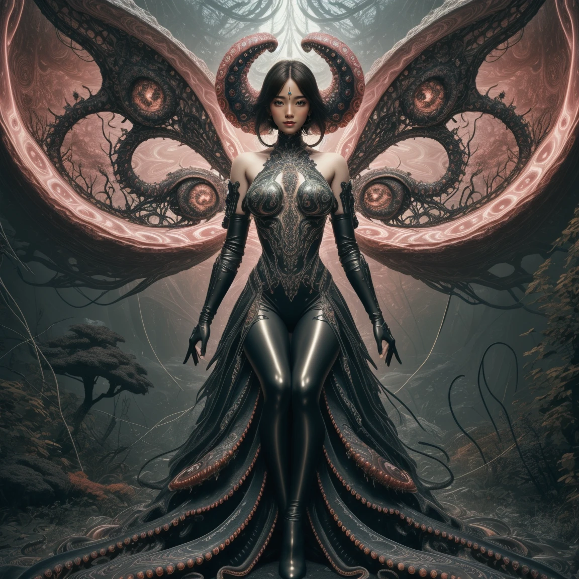 1 girl,sexy armor, green plants，pink leggings, shiny_astride, axially symmetrical, (exposed shouldersbare shoulders:1.1), Huge dark bloody Angel wings，rich background, film shooting, depth of field, Super visual, The art of HR Giger and Beksinski blende in detail, Bloodstained skeletons:1.5，dropping saliva:1.5，Stabbed Huge eyeball:1.5，Bare brain:1.5，a large amount of mucus:1.5，Pepperoni，A large number of homogeneous species:1.5，SPR:1.5，anatomy correct:1.5， Psychedelic background，pink smoke，Dark horror scene. Sharp images, Use edge lights to render at 8K resolution, It shows a terrifying environment full of Lovecraft's tentacles，They twist and pulsate in neon lights. HDR lighting creates complex and detailed shadows on a distorted background, Mutant humanoid. Distorts the environmental structure due to glitch and distortion effects, Surreal and dreamlike elements，Such as a close-up of floating inverted structures and decaying flesh，Create a feeling of disturbing and disorientation. Religious and mystical symbols are scattered against an intricate backdrop，Add a touch of supernatural horror to this already insanely terrifying masterpiece，dream-like, fantasy creation, dream snail, (biopunk nautilus:1.3),thrilling color scheme, amazing mutation, fractal, Geometric pattern, impossible number of transparent white tentacles with luminescent organs:1.4)