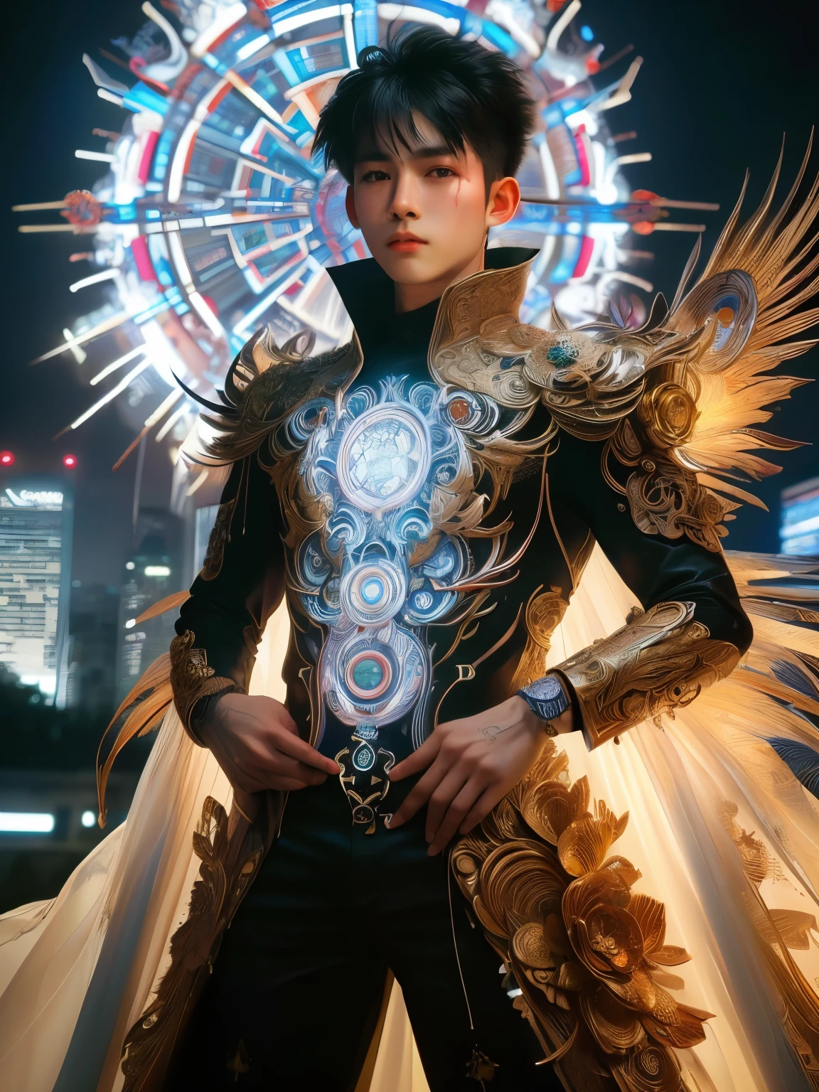 Highly detailed, hyper-realistic portrait of a young Japanese boy, by Hajime Sorayama and Ash Thorp, wearing a stunning, intricately designed fantasy outfit, blending traditional Vietnamese áo dài with modern, high-tech elements, set against a vibrant, neon-lit Ho Chi Minh City cityscape, with subtle hints of Vietnamese architecture, intense, futuristic lighting, Canon EOS 5D Mark IV, ƒ 2.8, 50 mm, 8k, medium-format print, intricate textures, dynamic pose, fusion of Japanese and Vietnamese cultural styles, subtle facial expression, ornate dragon and phoenix motifs, intricate silk patterns.