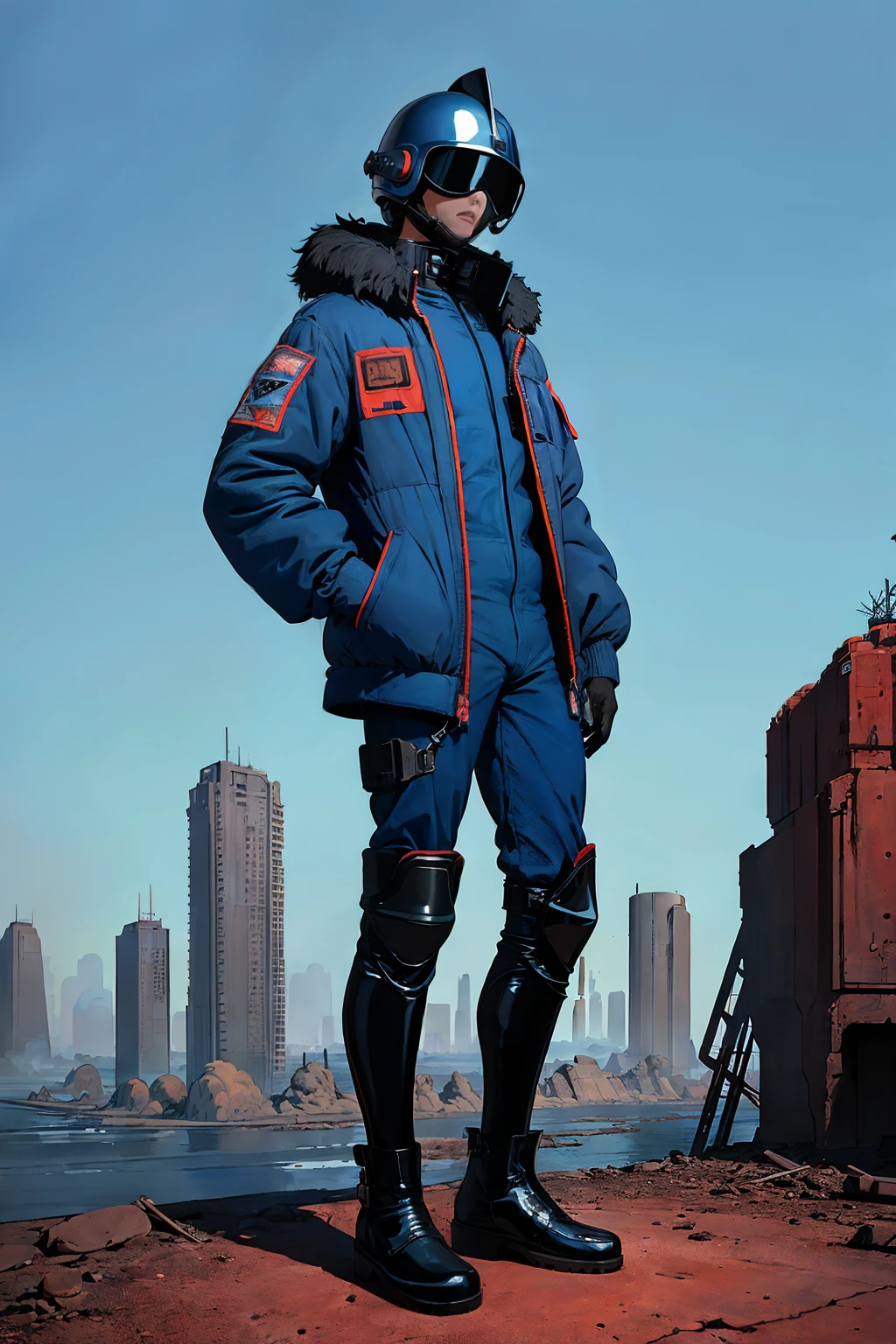full body image, (ultra detailed,ultra high res,detailed background),((2D)),((flat color)),((muted color)), 1solo, looking at viewer, baggy flight suit, large fur collared bomber jacket, (big red galoshes), plush collar, full body image, square helmet, ((smokey blue background)), ((apocalyptic city)), entire body in frame, 