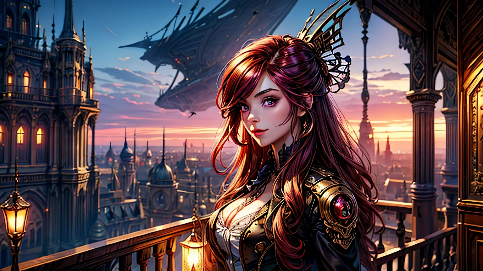 The scene is set in a girl on the balcony of a steampunk palace with steampunk zeppelins flying around, Ultra Resolution, Ultra detail, ((top-quality)), ((​masterpiece)), (detailed), red_hair, imperial_steampunk_suit, looking_up, upper_body, hair_strand, tanned_skin, long_hair, fantasy_spear, arrogant_smile, steampunk_palace, purple_sparkle_eyes, royalty, high_resolution, steampunk fantasy style, steampunk_girl, detailes_face