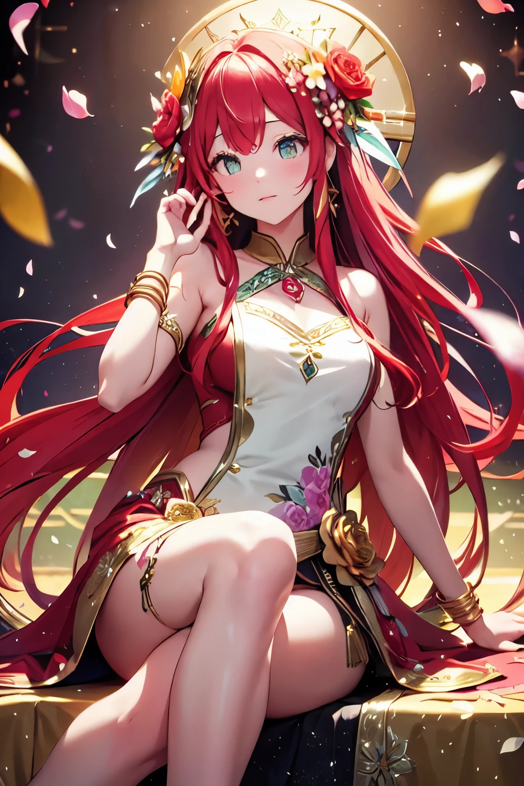 Beautiful multicoloured goddess 、dynamic pose、very long hair、(Golden decoration)、((floral decoration))、((floating flower petals、Glitter、Bokeh))、Sit up