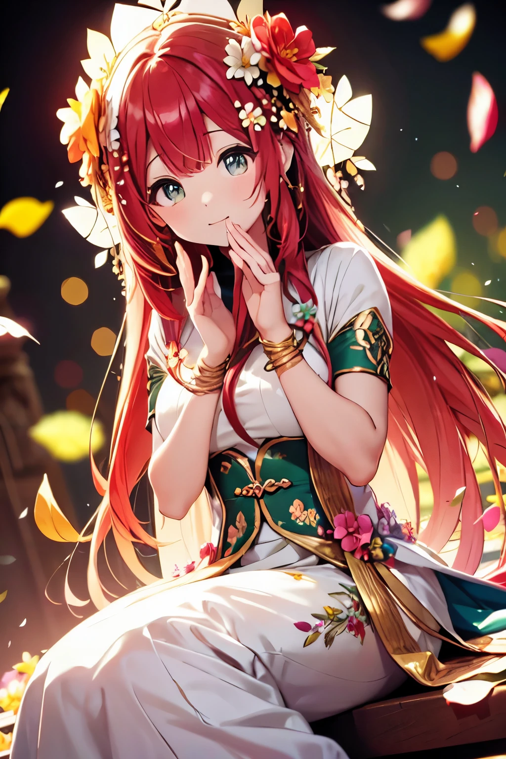 Beautiful multicoloured goddess 、dynamic pose、very long hair、(Golden decoration)、((floral decoration))、((floating flower petals、Glitter、Bokeh))、Sit up