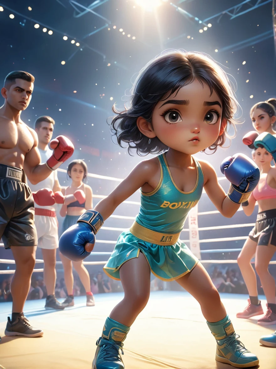 An athletic South Asian little girl, with protective gear and sports bra, proudly standing in a brightly lit boxing ring. She is fervently preparing for her match, throwing shadow punches with well-wrapped wrists and a determined look on her face. Meanwhile, an excited, diverse crowd has gathered around the ring. Their faces are filled with anticipation and they cheer her on, as bright spotlights illuminate the arena, further emphasizing the tension and intensity of the moment.