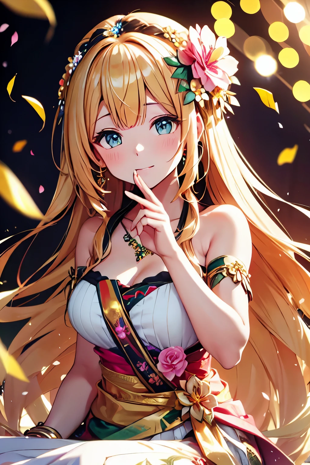 Beautiful multicoloured goddess 、dynamic pose、very long hair、(Golden decoration)、((floral decoration))、((floating flower petals、Glitter、Bokeh))、Sit up