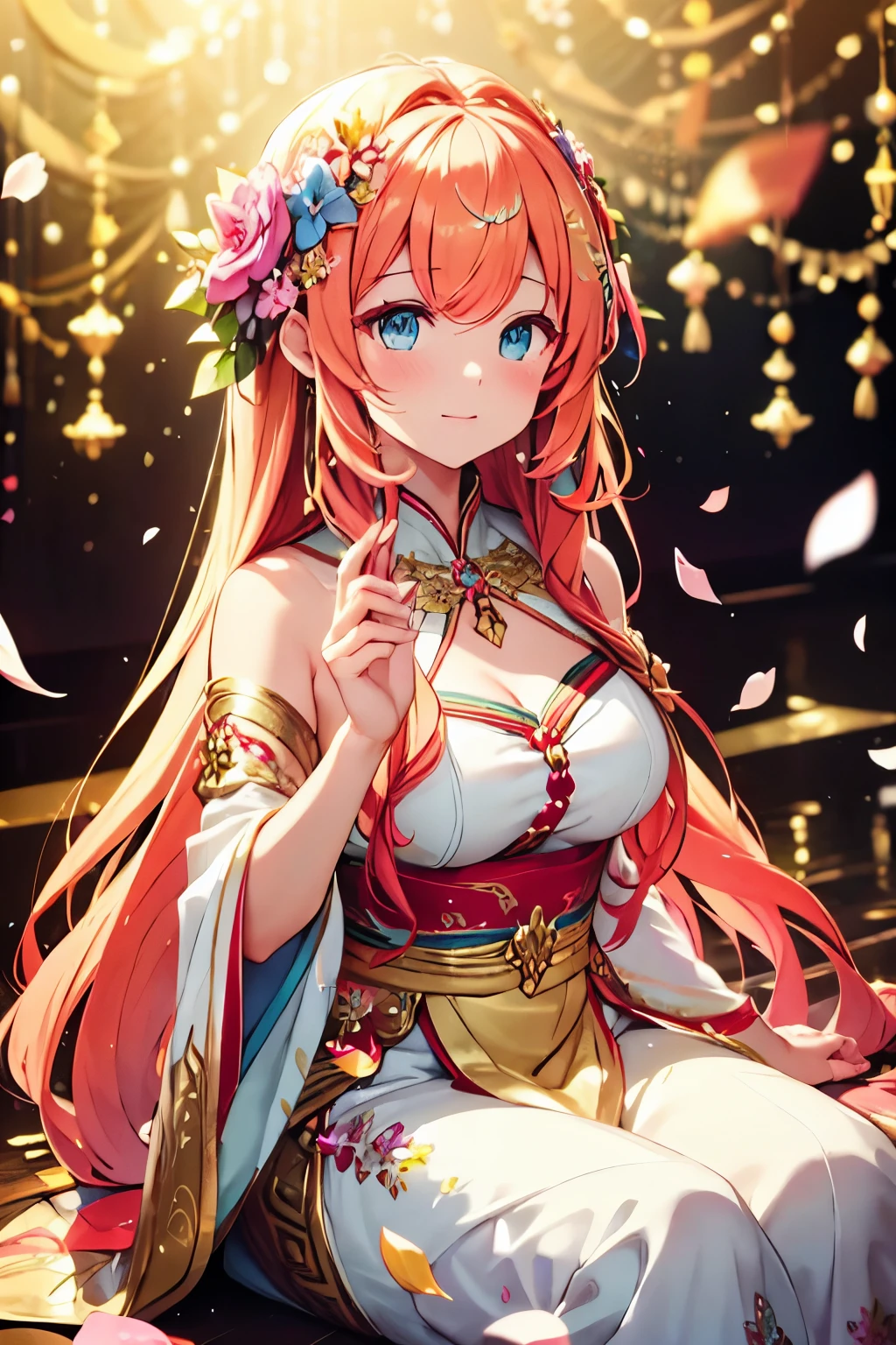 Beautiful multicoloured goddess 、dynamic pose、very long hair、(Golden decoration)、((floral decoration))、((floating flower petals、Glitter、Bokeh))、Sit up