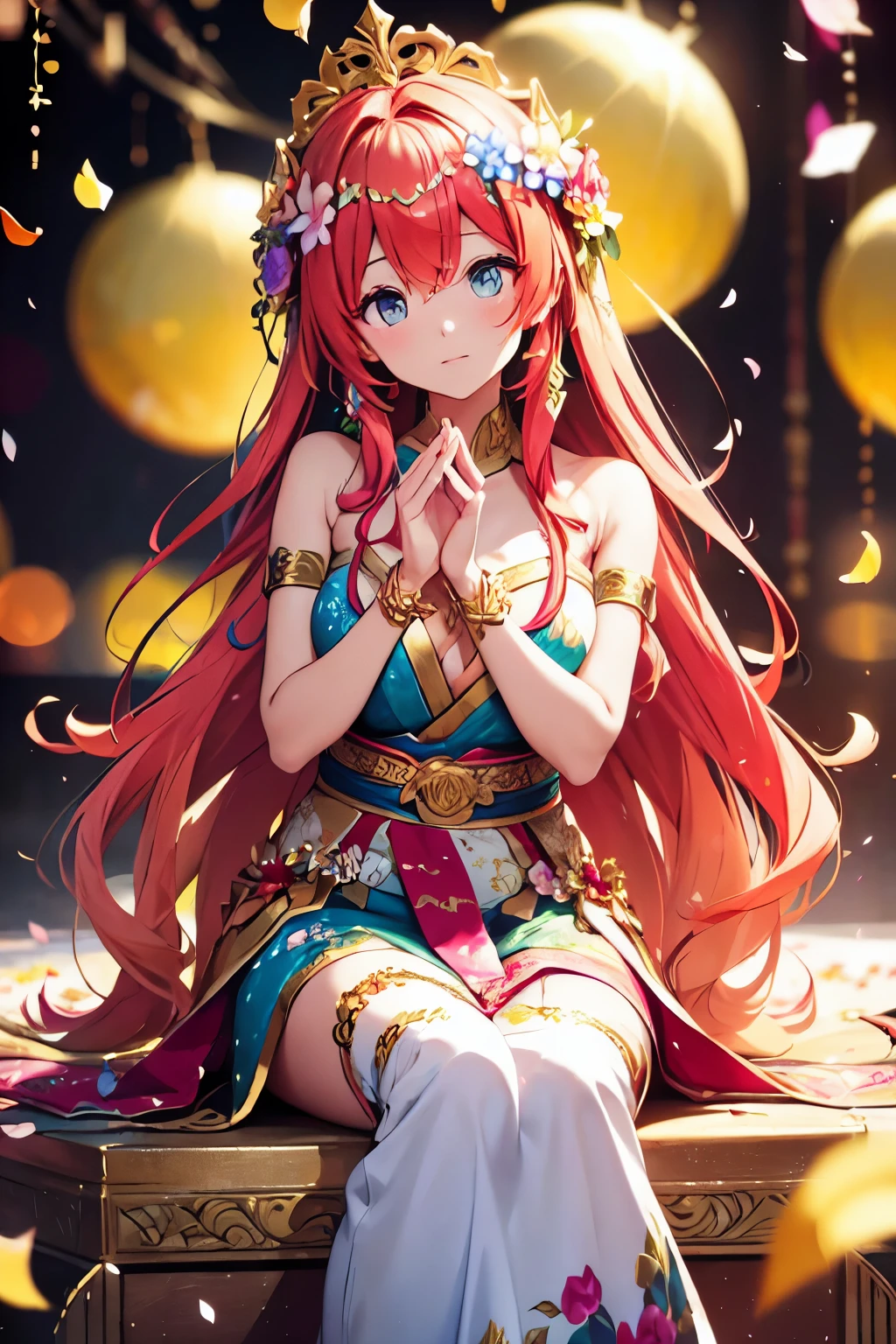 Beautiful multicoloured goddess 、dynamic pose、very long hair、(Golden decoration)、((floral decoration))、((floating flower petals、Glitter、Bokeh))、Sit up