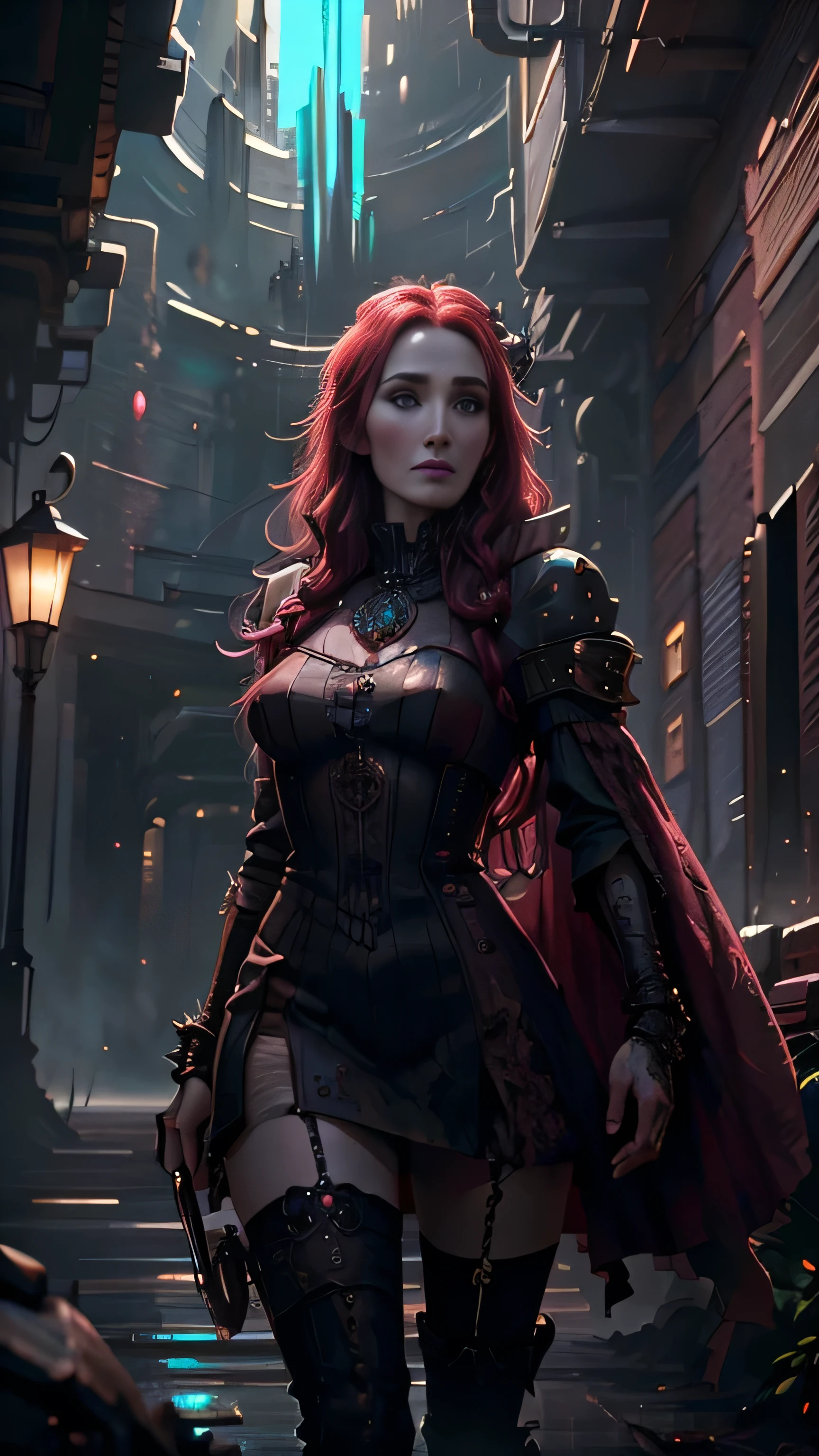 (сyberpunk style), (Carice van Houten) as Melisandre, ruby (mini сyberpunk dress), (stockings), (сyberpunk witch), standing, in a skyscraper, (1woman), (solo), (full body view), beautiful detailed glow, detailed, cinematic light, intricate detail, realistic, highres, detailed facial features, high detail, sharp focus, smooth, aesthetic, extremely detailed, stamp, octane render