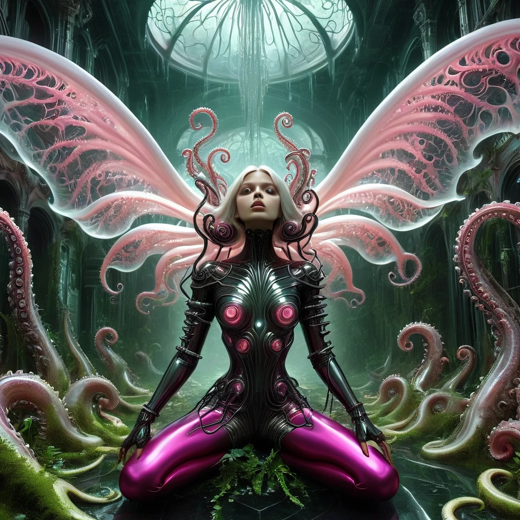 1 girl,sexy armor, green plants，pink leggings, shiny_astride, axially symmetrical, (exposed shouldersbare shoulders:1.1), Huge dark bloody Angel wings，rich background, film shooting, depth of field, Super visual, The art of HR Giger and Beksinski blende in detail, Bloodstained skeletons:1.5，dropping saliva:1.5，Stabbed Huge eyeball:1.5，Bare brain:1.5，a large amount of mucus:1.5，Pepperoni，A large number of homogeneous species:1.5，SPR:1.5，anatomy correct:1.5， Psychedelic background，pink smoke，Dark horror scene. Sharp images, Use edge lights to render at 8K resolution, It shows a terrifying environment full of Lovecraft's tentacles，They twist and pulsate in neon lights. HDR lighting creates complex and detailed shadows on a distorted background, Mutant humanoid. Distorts the environmental structure due to glitch and distortion effects, Surreal and dreamlike elements，Such as a close-up of floating inverted structures and decaying flesh，Create a feeling of disturbing and disorientation. Religious and mystical symbols are scattered against an intricate backdrop，Add a touch of supernatural horror to this already insanely terrifying masterpiece，dream-like, fantasy creation, dream snail, (biopunk nautilus:1.3),thrilling color scheme, amazing mutation, fractal, Geometric pattern, impossible number of transparent white tentacles with luminescent organs:1.4)