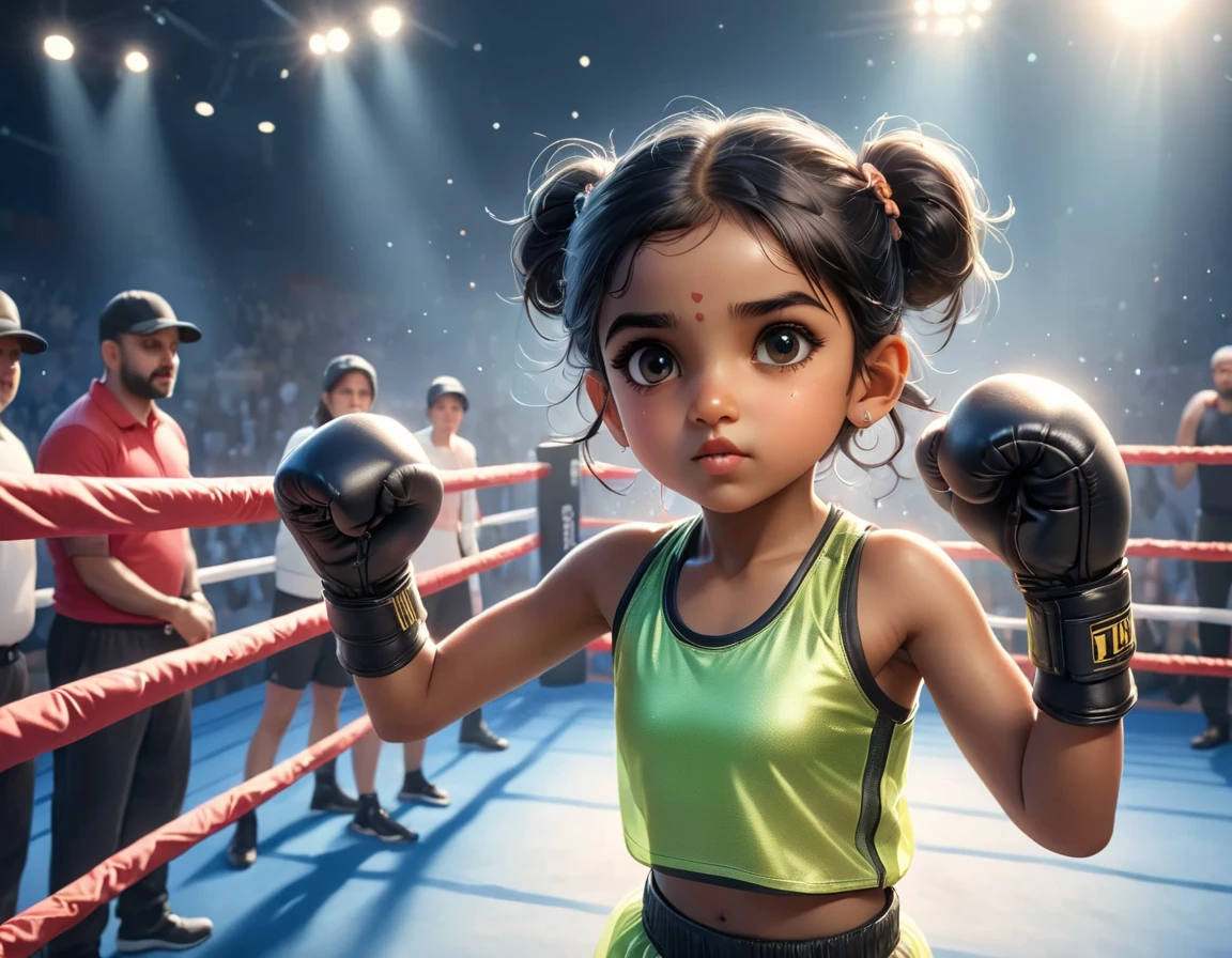 An athletic South Asian , with protective gear and sports bra, proudly standing in a brightly lit boxing ring. She is fervently preparing for her match, throwing shadow punches with well-wrapped wrists and a determined look on her face. Meanwhile, an excited, diverse crowd has gathered around the ring. Their faces are filled with anticipation and they cheer her on, as bright spotlights illuminate the arena, further emphasizing the tension and intensity of the moment.