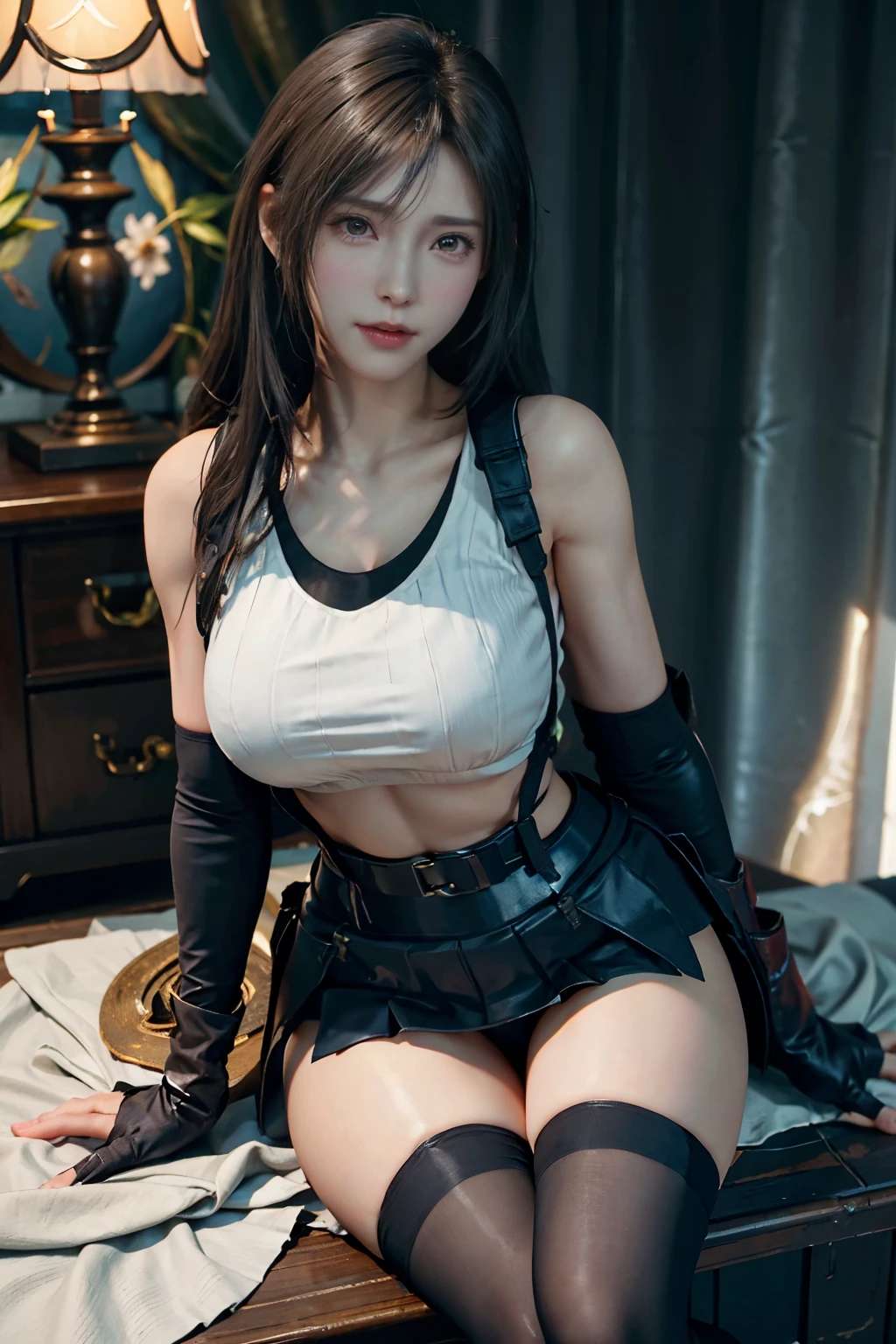 (Realistic: 1.4), 最high quality, Very delicate and beautiful, High resolution,masterpiece, 最high quality, 超High resolution, (Realistic:1.4), Detailed beautiful face, , One girl, Tifa_Lockhart, Final Fantasy VII Remake, Stunning European Women,Cowboy Shot, suspenders, Low rise, Black mini skirt, Black border white tank top, Tense shirt, Black Hair, Long Hair, Sexy Body,Beautiful breasts, Very beautiful and shining eyes,Beautiful feet, So cute, Close-upポトレイト, 柔らかい肌のPerfect Faceを持つ素敵な, Perfect Face, (((Huge breasts))),Tight waist,Chainetter、thigh、In the dungeon,Complete diagram, Shapely hips, 8k resolution,Surreal,Ultra-detailed,high quality, (Huge teardrop chest, Huge breastsの谷間:1.2)， Giant tit， Close-up,A broad perspective