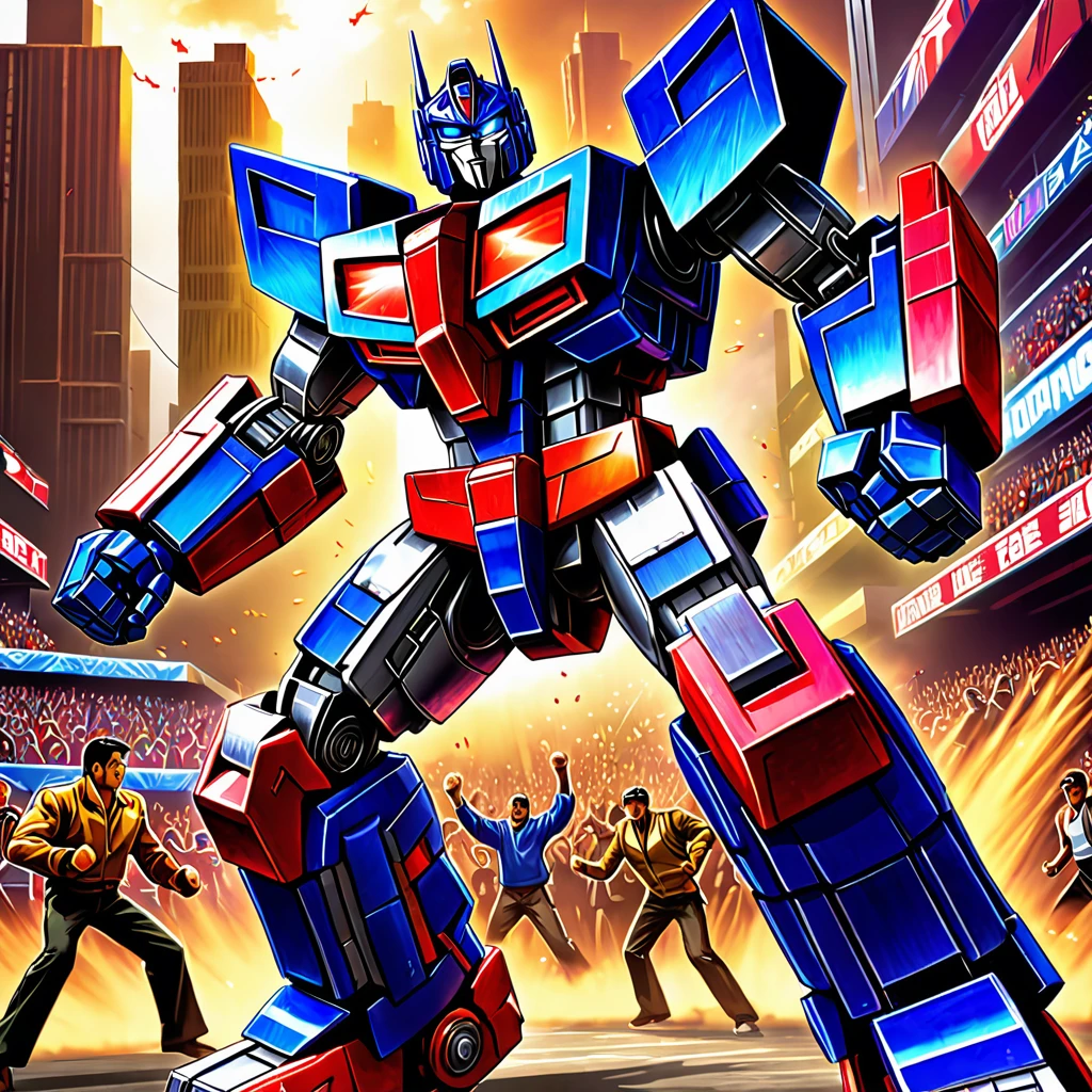 Transformers Optimus Prime is boxing a Decepticon, transformers cheer from crowd, Cybertronian Boxing Match, G1 style Transformers