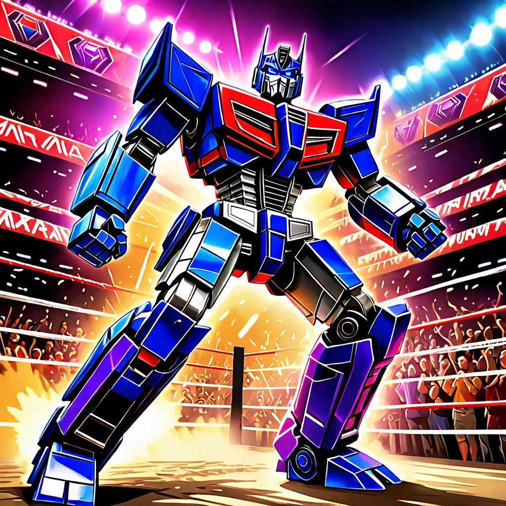 Transformers Optimus Prime is boxing a Decepticon, transformers cheer from crowd, Cybertronian Boxing Match, G1 style Transformers