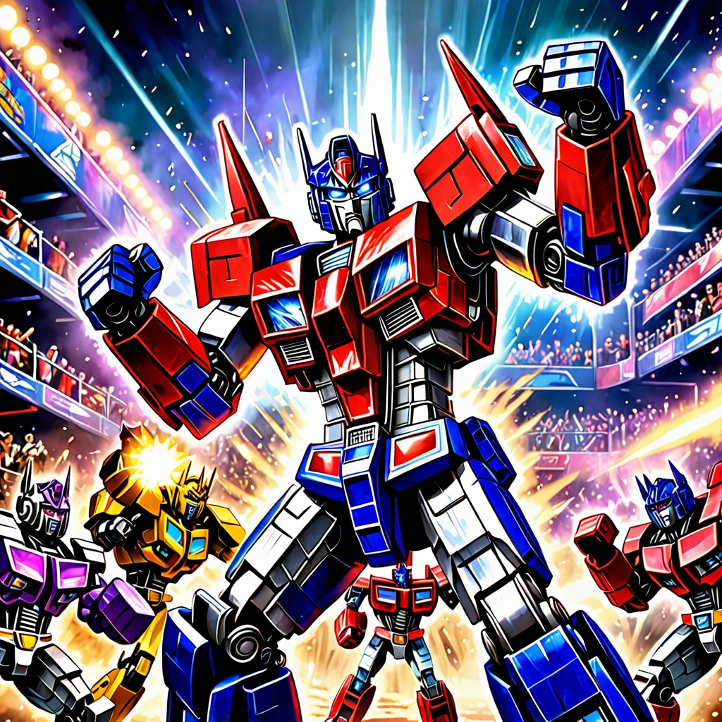 Transformers Optimus Prime is boxing a Decepticon, transformers cheer from crowd, Cybertronian Boxing Match, G1 style Transformers