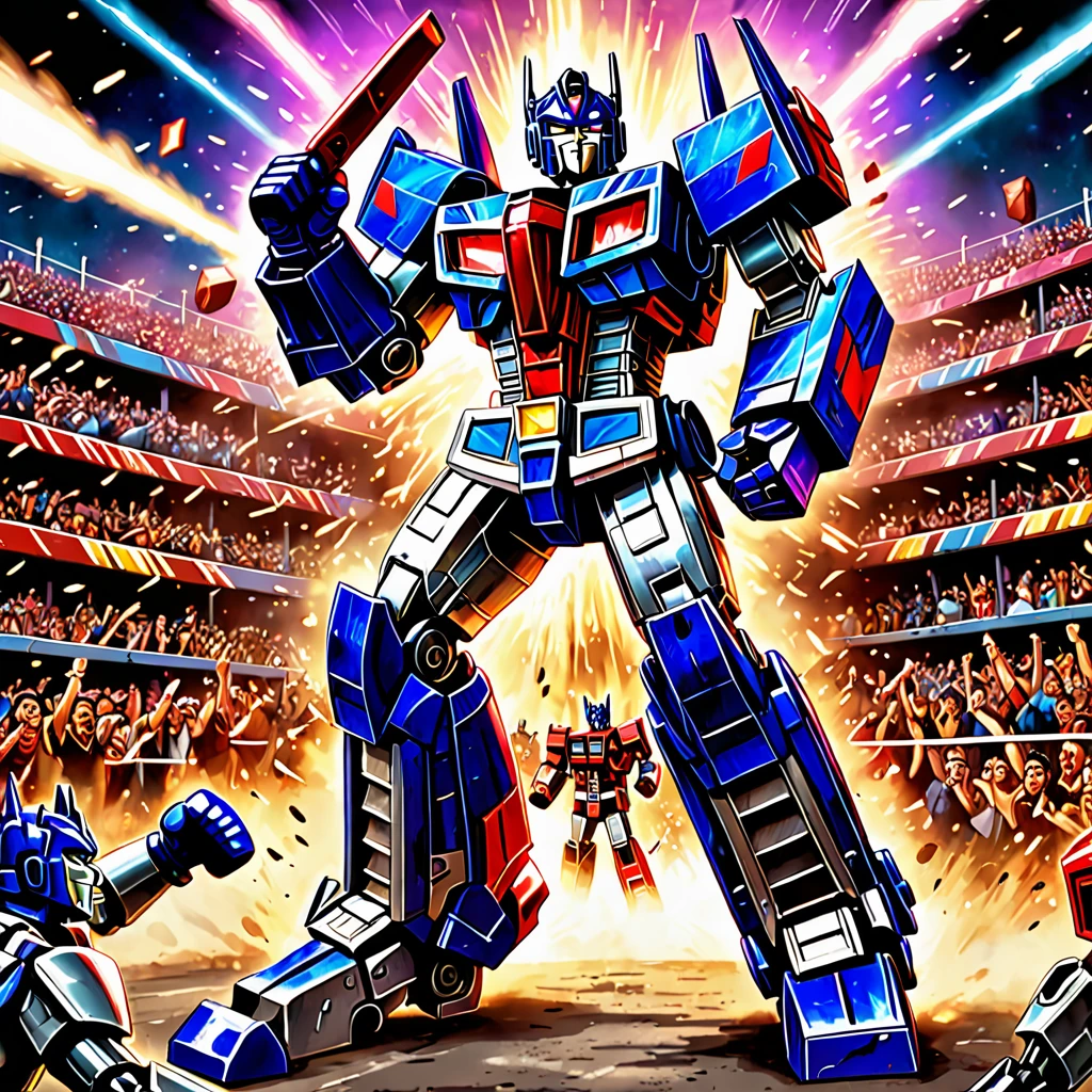 Transformers Optimus Prime is boxing a Decepticon, transformers cheer from crowd, Cybertronian Boxing Match, G1 style Transformers