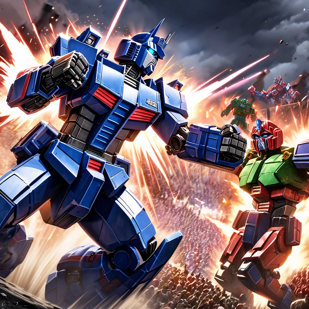 Transformers Optimus Prime is boxing a Decepticon, transformers cheer from crowd, Cybertronian Boxing Match, G1 style Transformers