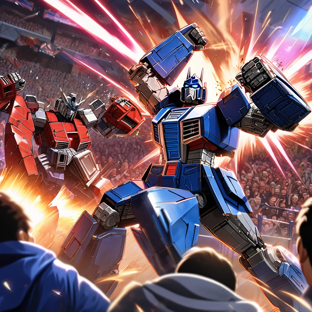 Transformers Optimus Prime is boxing a Decepticon, transformers cheer from crowd, Cybertronian Boxing Match, G1 style Transformers