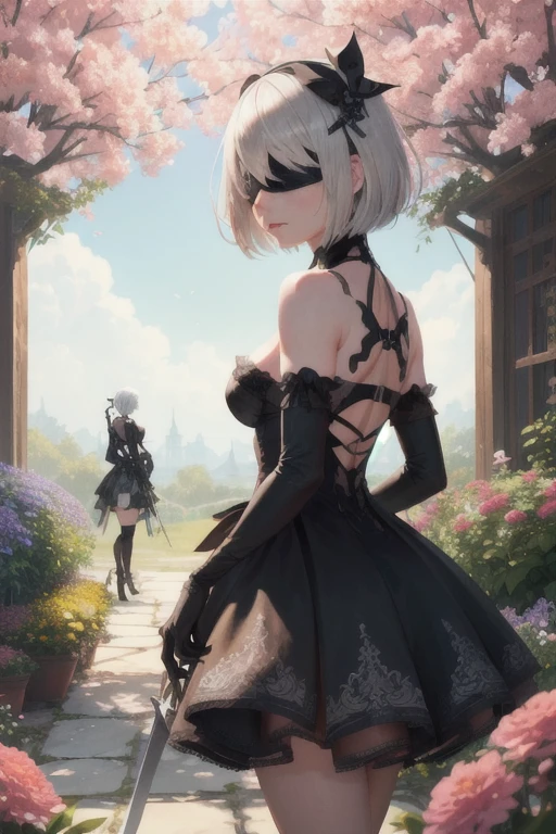 autômatos inspirados、Personagens do Nier Automata、Nier Autômato Cosplay、(Alta resolução、4K、mais alta qualidade) inspirado em NieR、Uma garota com roupa preta segurando uma espada: Automata。Garotas、((Ambos os olhos estão completamente cobertos por uma venda preta.))、Cabelo curto branco prateado delicado e lindo、lindos lábios detalhados、E tem um rosto altamente detalhado com textura de pele fina。Ela está em um jardim de cores brilhantes、Cercado por flores desabrochando。O jardim é iluminado por luz natural suave.、Cria uma atmosfera pacífica。a garota&#39;A roupa preta é feita de couro brilhante.、Dá uma aparência elegante e futurista。Na mão ele segura uma espada de prata、Refletindo a luz solar。A lâmina está intrinsecamente gravada、O artesanato brilha。Garota&#39;o cabelo balançando ao vento、Adiciona movimento dinâmico à cena。A imagem geral é realista e fotorrealista.、Foco nítido e cores vibrantes、Aumenta o impacto visual。Esta obra de arte é de Nier : Captura a essência do Automata、É uma homenagem ao personagem icônico 2b.。