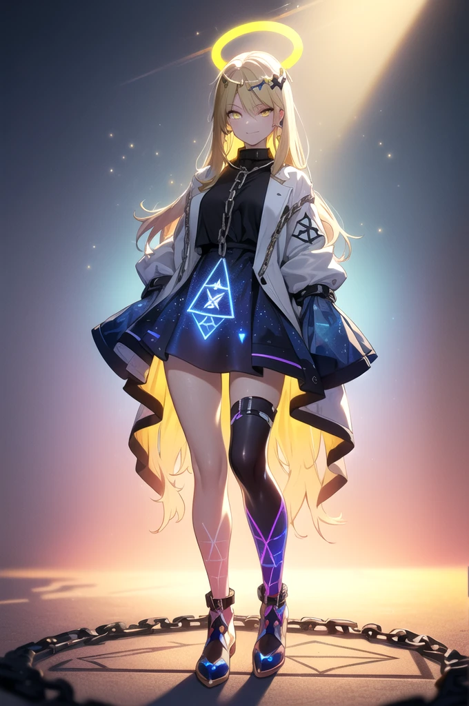 (blonde hair, long hair, sidelocks), (eyes with a mix of yellow and blue irises:1.5), two-tone eyes, multicolored eyes gradient eyes, white and blue jacket with constellation prints, (best quality,4k,8k,highres,masterpiece:1.2), ultra-detailed, portraits, (HDR:1.1), (vivid colors:1.1), (studio lighting), (bokeh), (highly saturated colors), (soft lighting), (detailed background), (subtle shadows), (ethereal glow), (pastel color palette), (delicate details), (sublime beauty), (feminine charm), (crisp focus), (fine brushwork), (impeccable craftsmanship), (emotional depth), (captivating storytelling), (intriguing narrative), (impressive realism), (exceptional artistry), (masterpiece-worthy), (awe-inspiring), blonde hair, very long hair, sidelocks, (eyes with a mix of yellow and blue irises:1.5), (two-tone eyes:1.5), (multicolored irises:1.5), multicolored eyes (gradient eyes:1.5), white and blue jacket with constellation prints, metallic skirt, (smug:1.5), (smirk), naughty face, mischievous, futuristic clothing, science fiction setting, high-tech, glowing eyes, (unicursal hexagram-shaped irises), (full body:1.5), (chains:1.5), (holographic halo:1.5), (unicursal hexagram halo:1.5), xuer hologram Laser dress