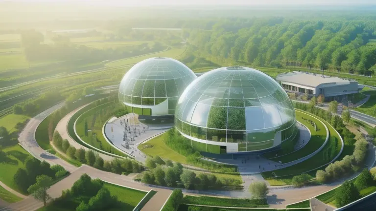 sci-fi scene，，future technology farm，4 huge semi-spherical glass rooms，agricultural cultivation of green plants，4 huge square gl...