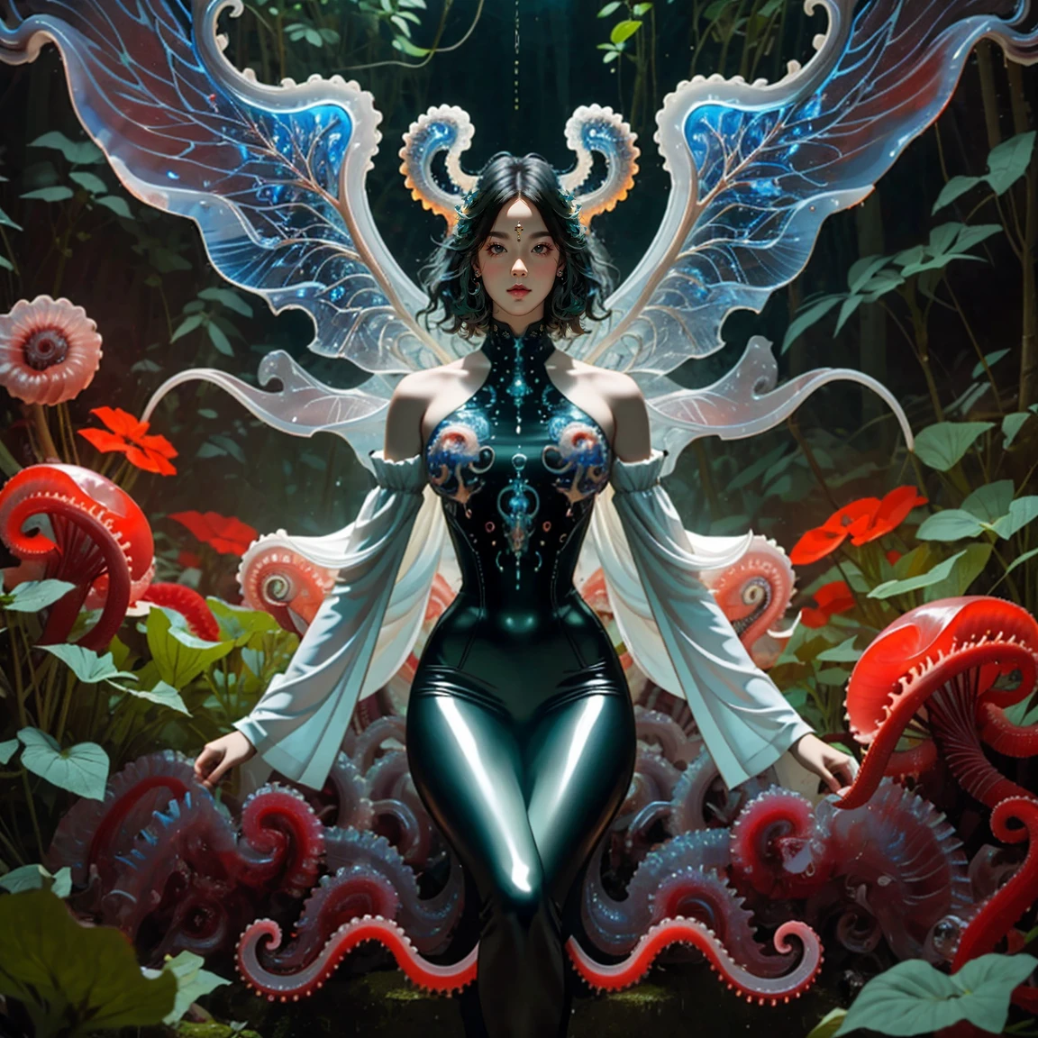 1 girl,sexy armor, green plants，pink leggings, shiny_astride, axially symmetrical, (exposed shouldersbare shoulders:1.1), Huge dark bloody Angel wings，rich background, film shooting, depth of field, Super visual, The art of HR Giger and Beksinski blende in detail, Bloodstained skeletons:1.5，dropping saliva:1.5，Stabbed Huge eyeball:1.5，Bare brain:1.5，a large amount of mucus:1.5，Pepperoni，A large number of homogeneous species:1.5，SPR:1.5，anatomy correct:1.5， Psychedelic background，pink smoke，Dark horror scene. Sharp images, Use edge lights to render at 8K resolution, It shows a terrifying environment full of Lovecraft's tentacles，They twist and pulsate in neon lights. HDR lighting creates complex and detailed shadows on a distorted background, Mutant humanoid. Distorts the environmental structure due to glitch and distortion effects, Surreal and dreamlike elements，Such as a close-up of floating inverted structures and decaying flesh，Create a feeling of disturbing and disorientation. Religious and mystical symbols are scattered against an intricate backdrop，Add a touch of supernatural horror to this already insanely terrifying masterpiece，dream-like, fantasy creation, dream snail, (biopunk nautilus:1.3),thrilling color scheme, amazing mutation, fractal, Geometric pattern, impossible number of transparent white tentacles with luminescent organs:1.4),ezh