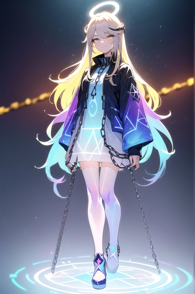 (blonde hair, long hair, sidelocks), (eyes with a mix of yellow and blue irises:1.5), two-tone eyes, multicolored eyes gradient eyes, white and blue jacket with constellation prints, (best quality,4k,8k,highres,masterpiece:1.2), ultra-detailed, portraits, (HDR:1.1), (vivid colors:1.1), (studio lighting), (bokeh), (highly saturated colors), (soft lighting), (detailed background), (subtle shadows), (ethereal glow), (pastel color palette), (delicate details), (sublime beauty), (feminine charm), (crisp focus), (fine brushwork), (impeccable craftsmanship), (emotional depth), (captivating storytelling), (intriguing narrative), (impressive realism), (exceptional artistry), (masterpiece-worthy), (awe-inspiring), blonde hair, very long hair, sidelocks, (eyes with a mix of yellow and blue irises:1.5), (two-tone eyes:1.5), (multicolored irises:1.5), multicolored eyes (gradient eyes:1.5), white and blue jacket with constellation prints, metallic skirt, (smug:1.5), (smirk), naughty face, mischievous, futuristic clothing, science fiction setting, high-tech, glowing eyes, (unicursal hexagram-shaped irises), (full body:1.5), (chains:1.5), (holographic halo:1.5), (unicursal hexagram halo:1.5), xuer hologram Laser dress