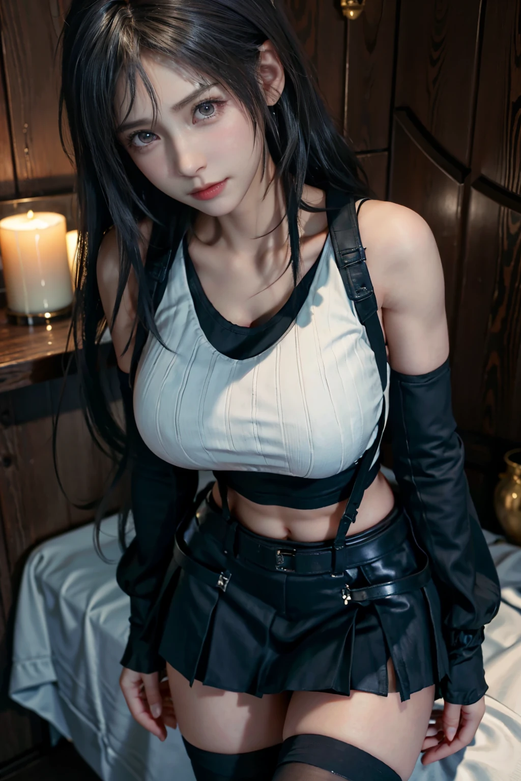 (Realistic: 1.4), 最high quality, Very delicate and beautiful, High resolution,masterpiece, 最high quality, 超High resolution, (Realistic:1.4), Detailed beautiful face, , One girl, Tifa_Lockhart, Final Fantasy VII Remake, Stunning European Women,Cowboy Shot, suspenders, Low rise, Black mini skirt, Black border white tank top, Tense shirt, Black Hair, Long Hair, Sexy Body,Beautiful breasts, Very beautiful and shining eyes,Beautiful feet, So cute, Close-upポトレイト, 柔らかい肌のPerfect Faceを持つ素敵な, Perfect Face, (((Huge breasts))),Tight waist,Chainetter、thigh、In the dungeon,Complete diagram, Shapely hips, 8k resolution,Surreal,Ultra-detailed,high quality, (Huge teardrop chest, Huge breastsの谷間:1.2)， Giant tit， Close-up,A broad perspective