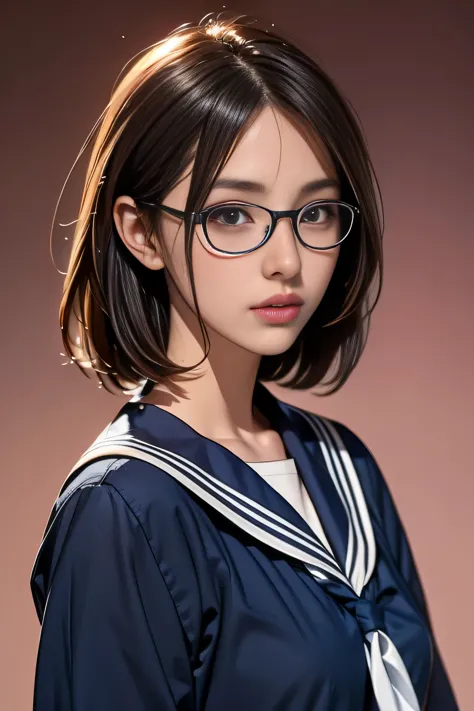 Generated in SFW, 1lady, Japanese, 17 years old, (Looking at the camera), (Silver-rimmed glasses:1.05), (Plump Cheeks:1.1), ((Portraiture)), from the front, Bust up shot:1.21, (Pink gradient background), (highest quality:1.4), 32k resolution, (Realistic:1....