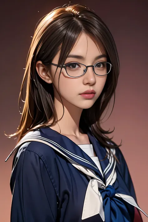 Generated in SFW, 1lady, Japanese, 17 years old, (Looking at the camera), (Silver-rimmed glasses:1.05), (Plump Cheeks:1.1), ((Portraiture)), from the front, Bust up shot:1.21, (Pink gradient background), (highest quality:1.4), 32k resolution, (Realistic:1....