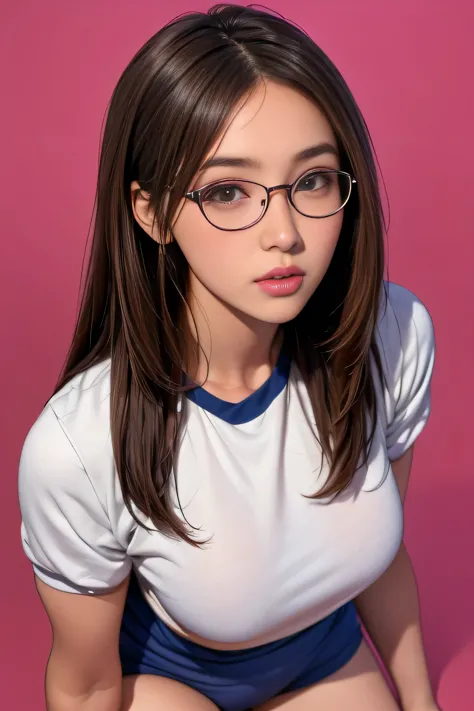 Generated in SFW, 1lady, Japanese, 17 years old, (Looking at the camera), (Silver-rimmed glasses:1.05), (Plump Cheeks:1.1), ((Portraiture)), from the front, above the knee shot:1.21, (Pink gradient background), (highest quality:1.4), 32k resolution, (Reali...