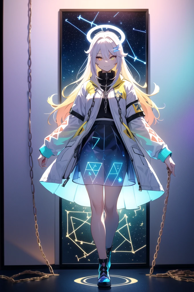 (blonde hair, long hair, sidelocks), (eyes with a mix of yellow and blue irises:1.5), two-tone eyes, (multicolored eyes:1.5) (gradient eyes:1.5), (white and blue jacket with constellation prints:1.5), (best quality,4k,8k,highres,masterpiece:1.2), ultra-detailed, portraits, (HDR:1.1), (vivid colors:1.1), (studio lighting), (bokeh), (highly saturated colors), (soft lighting), (detailed background), (subtle shadows), (ethereal glow), (pastel color palette), (delicate details), (sublime beauty), (feminine charm), (crisp focus), (fine brushwork), (impeccable craftsmanship), (emotional depth), (captivating storytelling), (intriguing narrative), (impressive realism), (exceptional artistry), (masterpiece-worthy), (awe-inspiring), blonde hair, very long hair, sidelocks, (eyes with a mix of yellow and blue irises:1.5), (two-tone eyes:1.5), (multicolored irises:1.5), multicolored eyes (gradient eyes:1.5), white and blue jacket with constellation prints, metallic skirt, (smug:1.5), (smirk), naughty face, mischievous, futuristic clothing, science fiction setting, high-tech, glowing eyes, (unicursal hexagram-shaped irises), (full body:1.5), (chains:1.5), (holographic halo:1.5), (unicursal hexagram halo:1.5), xuer hologram Laser skirt, (transparent skirt:1.5)