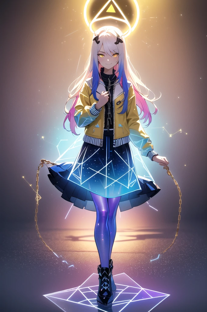 (blonde hair, long hair, sidelocks), (eyes with a mix of yellow and blue irises:1.5), two-tone eyes, (multicolored eyes:1.5) (gradient eyes:1.5), (white and blue jacket with constellation prints:1.5), (best quality,4k,8k,highres,masterpiece:1.2), ultra-detailed, portraits, (HDR:1.1), (vivid colors:1.1), (studio lighting), (bokeh), (highly saturated colors), (soft lighting), (detailed background), (subtle shadows), (ethereal glow), (pastel color palette), (delicate details), (sublime beauty), (feminine charm), (crisp focus), (fine brushwork), (impeccable craftsmanship), (emotional depth), (captivating storytelling), (intriguing narrative), (impressive realism), (exceptional artistry), (masterpiece-worthy), (awe-inspiring), blonde hair, very long hair, sidelocks, (eyes with a mix of yellow and blue irises:1.5), (two-tone eyes:1.5), (multicolored irises:1.5), multicolored eyes (gradient eyes:1.5), white and blue jacket with constellation prints, metallic skirt, (smug:1.5), (smirk), naughty face, mischievous, futuristic clothing, science fiction setting, high-tech, glowing eyes, (unicursal hexagram-shaped irises), (full body:1.5), (chains:1.5), (holographic halo:1.5), (unicursal hexagram halo:1.5), xuer hologram Laser skirt, (transparent skirt:1.5)