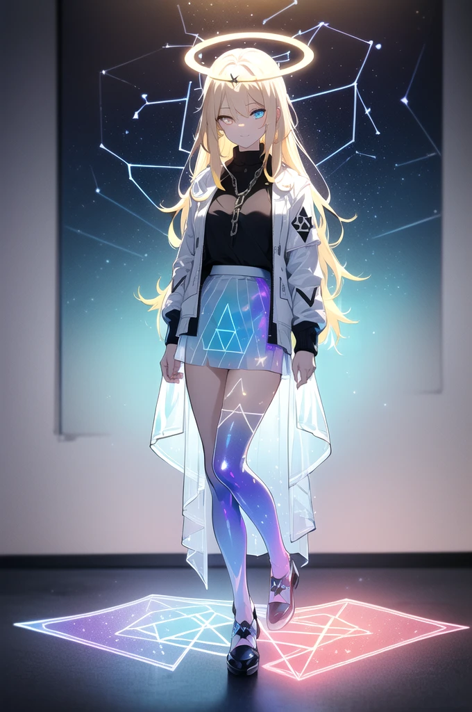 (blonde hair, long hair, sidelocks), (eyes with a mix of yellow and blue irises:1.5), two-tone eyes, (multicolored eyes:1.5) (gradient eyes:1.5), (white and blue jacket with constellation prints:1.5), (best quality,4k,8k,highres,masterpiece:1.2), ultra-detailed, portraits, (HDR:1.1), (vivid colors:1.1), (studio lighting), (bokeh), (highly saturated colors), (soft lighting), (detailed background), (subtle shadows), (ethereal glow), (pastel color palette), (delicate details), (sublime beauty), (feminine charm), (crisp focus), (fine brushwork), (impeccable craftsmanship), (emotional depth), (captivating storytelling), (intriguing narrative), (impressive realism), (exceptional artistry), (masterpiece-worthy), (awe-inspiring), blonde hair, very long hair, sidelocks, (eyes with a mix of yellow and blue irises:1.5), (two-tone eyes:1.5), (multicolored irises:1.5), multicolored eyes (gradient eyes:1.5), white and blue jacket with constellation prints, metallic skirt, (smug:1.5), (smirk), naughty face, mischievous, futuristic clothing, science fiction setting, high-tech, glowing eyes, (unicursal hexagram-shaped irises), (full body:1.5), (chains:1.5), (holographic halo:1.5), (unicursal hexagram halo:1.5), xuer hologram Laser skirt, (transparent skirt:1.5)