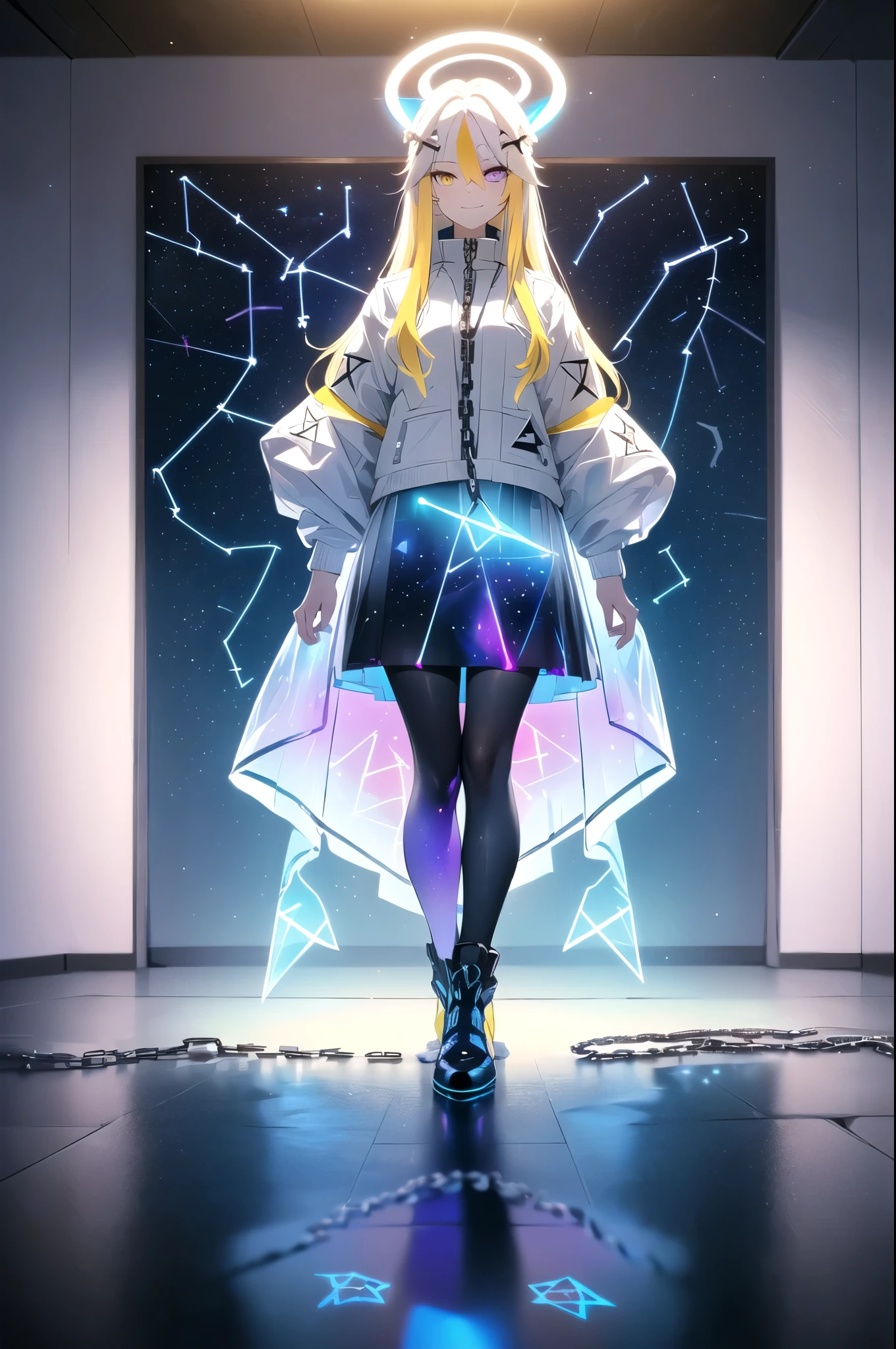 (blonde hair, long hair, sidelocks), (eyes with a mix of yellow and blue irises:1.5), two-tone eyes, (multicolored eyes:1.5) (gradient eyes:1.5), (white and blue jacket with constellation prints:1.5), (best quality,4k,8k,highres,masterpiece:1.2), ultra-detailed, portraits, (HDR:1.1), (vivid colors:1.1), (studio lighting), (bokeh), (highly saturated colors), (soft lighting), (detailed background), (subtle shadows), (ethereal glow), (pastel color palette), (delicate details), (sublime beauty), (feminine charm), (crisp focus), (fine brushwork), (impeccable craftsmanship), (emotional depth), (captivating storytelling), (intriguing narrative), (impressive realism), (exceptional artistry), (masterpiece-worthy), (awe-inspiring), blonde hair, very long hair, sidelocks, (eyes with a mix of yellow and blue irises:1.5), (two-tone eyes:1.5), (multicolored irises:1.5), multicolored eyes (gradient eyes:1.5), white and blue jacket with constellation prints, metallic skirt, (smug:1.5), (smirk), naughty face, mischievous, futuristic clothing, science fiction setting, high-tech, glowing eyes, (unicursal hexagram-shaped irises), (full body:1.5), (chains:1.5), (holographic halo:1.5), (unicursal hexagram halo:1.5), xuer hologram Laser skirt, (transparent skirt:1.5)