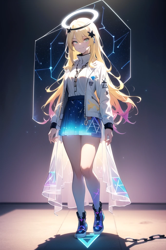 (blonde hair, long hair, sidelocks), (eyes with a mix of yellow and blue irises:1.5), two-tone eyes, (multicolored eyes:1.5) (gradient eyes:1.5), (white and blue jacket with constellation prints:1.5), (best quality,4k,8k,highres,masterpiece:1.2), ultra-detailed, portraits, (HDR:1.1), (vivid colors:1.1), (studio lighting), (bokeh), (highly saturated colors), (soft lighting), (detailed background), (subtle shadows), (ethereal glow), (pastel color palette), (delicate details), (sublime beauty), (feminine charm), (crisp focus), (fine brushwork), (impeccable craftsmanship), (emotional depth), (captivating storytelling), (intriguing narrative), (impressive realism), (exceptional artistry), (masterpiece-worthy), (awe-inspiring), blonde hair, very long hair, sidelocks, (eyes with a mix of yellow and blue irises:1.5), (two-tone eyes:1.5), (multicolored irises:1.5), multicolored eyes (gradient eyes:1.5), white and blue jacket with constellation prints, metallic skirt, (smug:1.5), (smirk), naughty face, mischievous, futuristic clothing, science fiction setting, high-tech, glowing eyes, (unicursal hexagram-shaped irises), (full body:1.5), (chains:1.5), (holographic halo:1.5), (unicursal hexagram halo:1.5), xuer hologram Laser skirt, (transparent skirt:1.5)