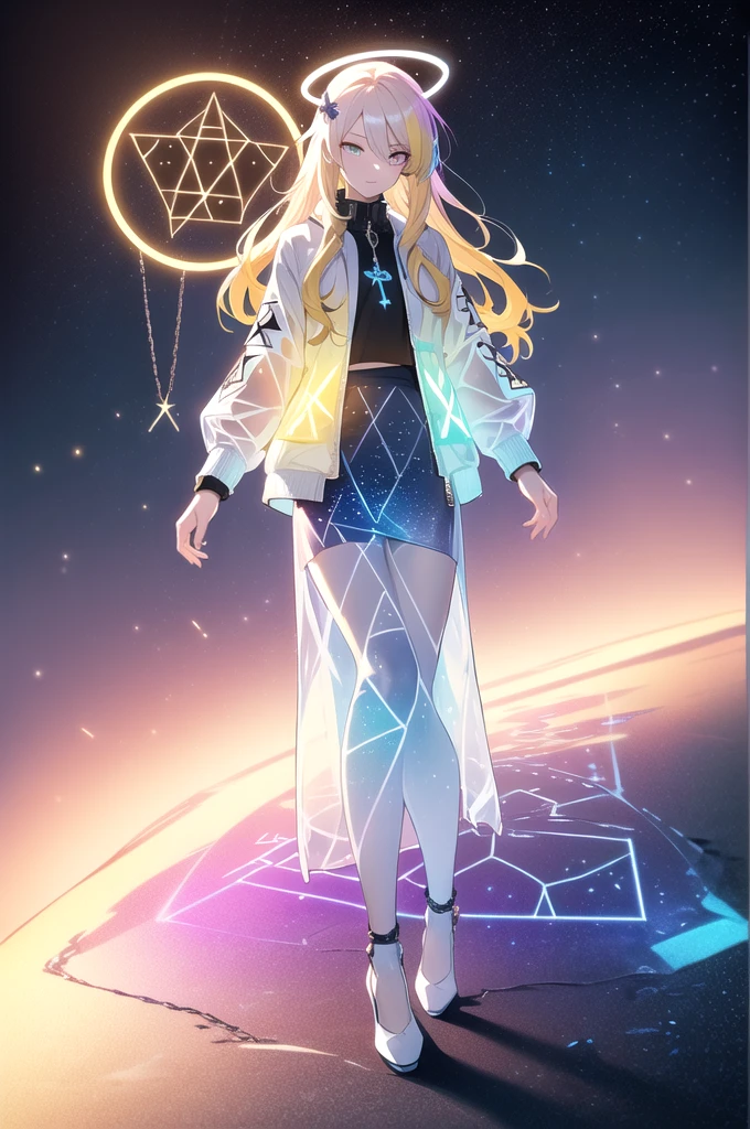 (blonde hair, long hair, sidelocks), (eyes with a mix of yellow and blue irises:1.5), two-tone eyes, (multicolored eyes:1.5) (gradient eyes:1.5), (white and blue jacket with constellation prints:1.5), (best quality,4k,8k,highres,masterpiece:1.2), ultra-detailed, portraits, (HDR:1.1), (vivid colors:1.1), (studio lighting), (bokeh), (highly saturated colors), (soft lighting), (detailed background), (subtle shadows), (ethereal glow), (pastel color palette), (delicate details), (sublime beauty), (feminine charm), (crisp focus), (fine brushwork), (impeccable craftsmanship), (emotional depth), (captivating storytelling), (intriguing narrative), (impressive realism), (exceptional artistry), (masterpiece-worthy), (awe-inspiring), blonde hair, very long hair, sidelocks, (eyes with a mix of yellow and blue irises:1.5), (two-tone eyes:1.5), (multicolored irises:1.5), multicolored eyes (gradient eyes:1.5), white and blue jacket with constellation prints, metallic skirt, (smug:1.5), (smirk), naughty face, mischievous, futuristic clothing, science fiction setting, high-tech, glowing eyes, (unicursal hexagram-shaped irises), (full body:1.5), (chains:1.5), (holographic halo:1.5), (unicursal hexagram halo:1.5), xuer hologram Laser skirt, (transparent skirt:1.5)