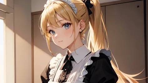 beauty in maid clothes　blonde ponytail with accessories　upper body