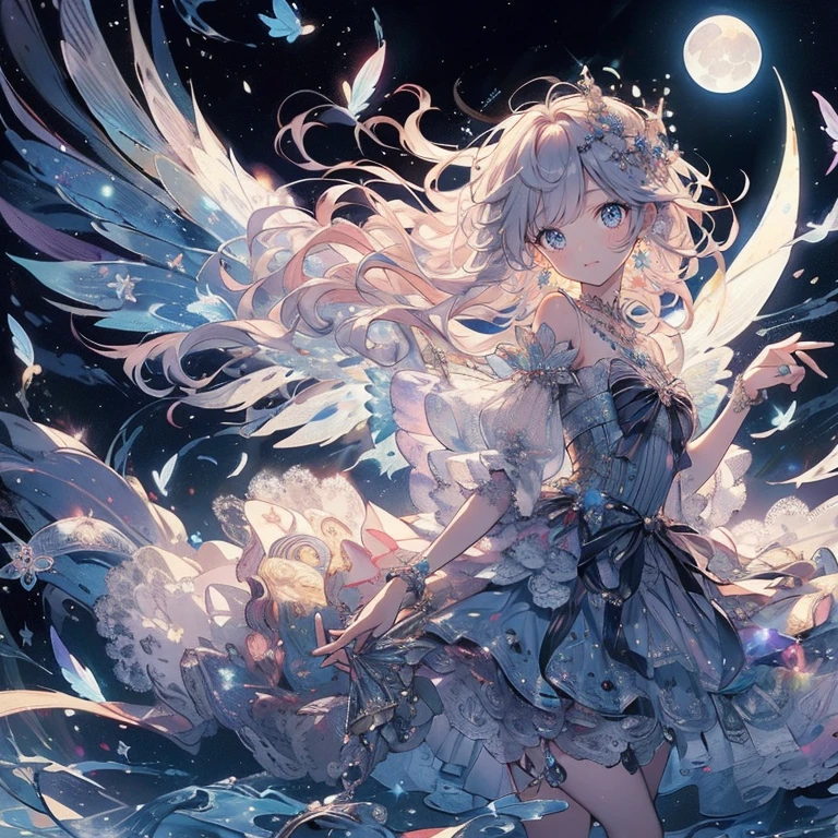 (Exquisite, beautiful, Very detailed, masterpiece, high resolution,high quality,High resolution),(Well-formed face,soft thin lines: 1.2, Beautiful and delicate illustrations with a mature and transparent feel), A fairy princess with a clear, delicate, beautiful, well-formed face and wings is floating happily in the sky on a crescent moonlit night., Starry Sky,Moonlit Night,Meteor,constellation,Dark Night,From a little distance,tiara, Star Earrings, Star Necklace,Bracelet,ring,), ((A gorgeous ball gown dress with lots of frills and a moon motif.:1.1, Balloon sleeves, Jewels, ribbons, lace and frills, Fairy wings from the back:1.5)), (A shy smile,Pale pink blush, Plump pink lips,Beautiful and clear eyes,Large Bust, Fair skin, Good style),Starry Skyのテクスチャ,pastel colour, Flower made of ruby,Watercolor art,Fantasy,Whole body,Colored pencil art